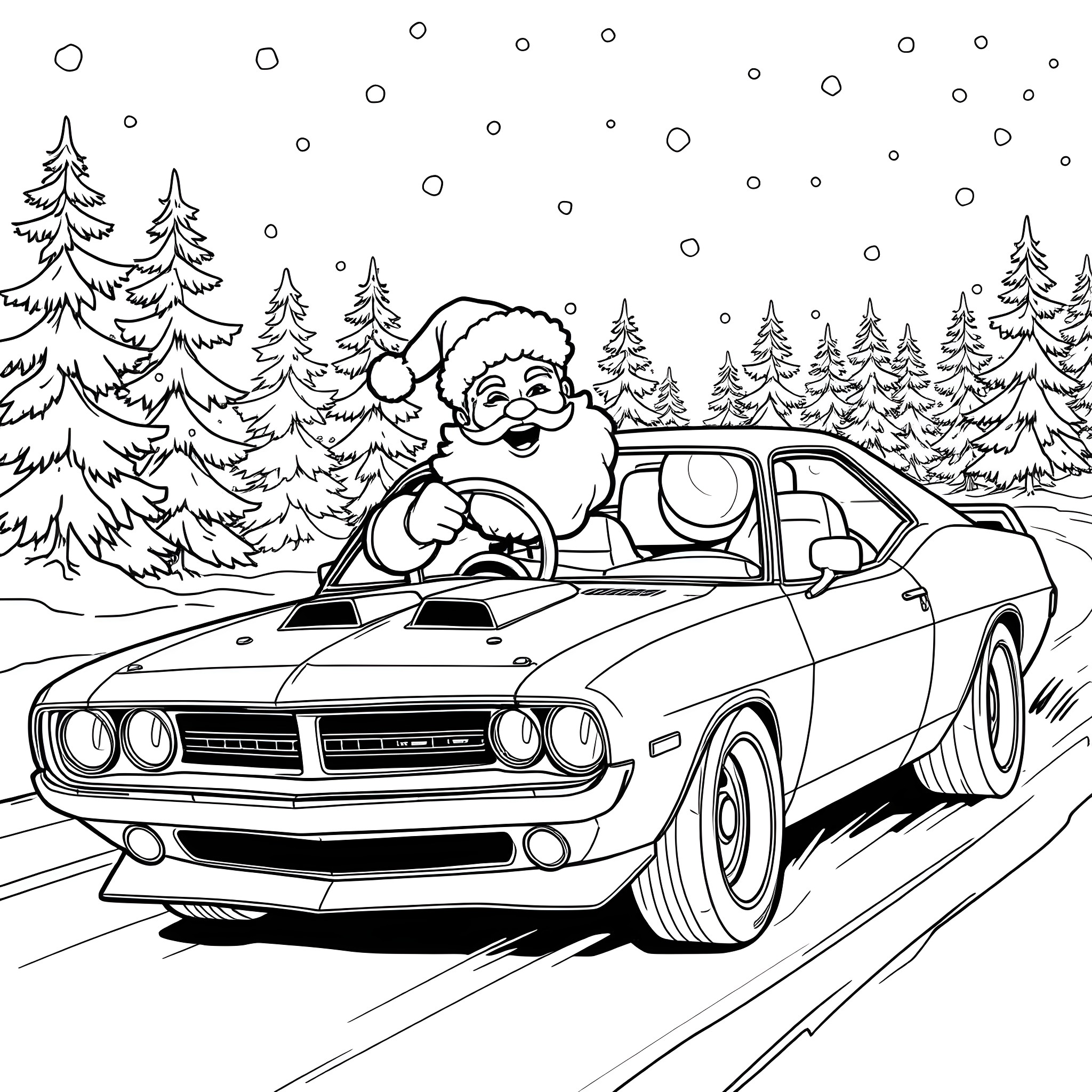 Santa Claus driving a classic car through the snowy forest Coloring Page (free black-and-white line drawing printable PDF for all, from beginners to advanced learners, including children, teens, adults, and seniors)