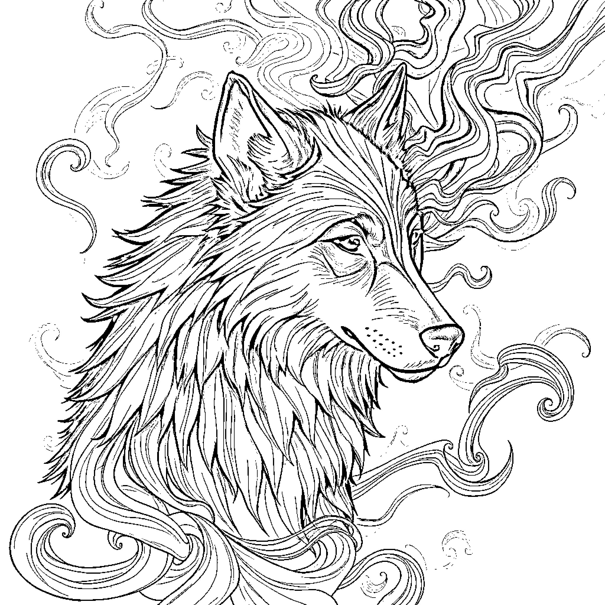Wolf Amid Swirling Ethereal Patterns Coloring Page (free black-and-white line drawing printable PDF for all, from beginners to advanced learners, including children, teens, adults, and seniors)