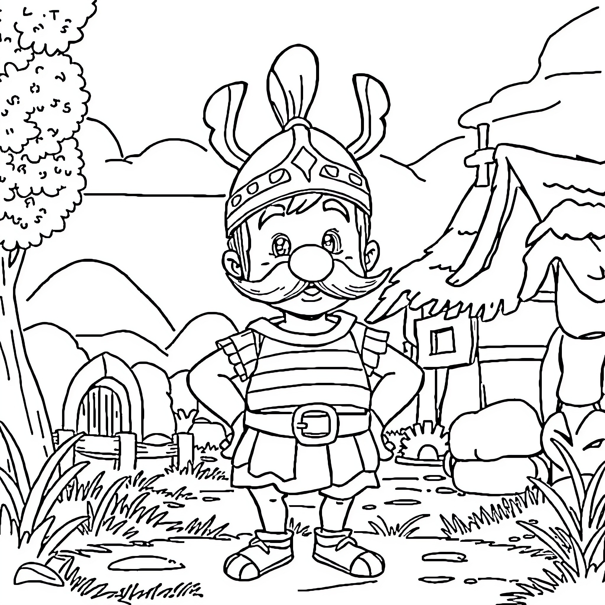 Asterix the Gaul exploring the village Coloring Page (free black-and-white line drawing printable PDF for all, from beginners to advanced learners, including children, teens, adults, and seniors)