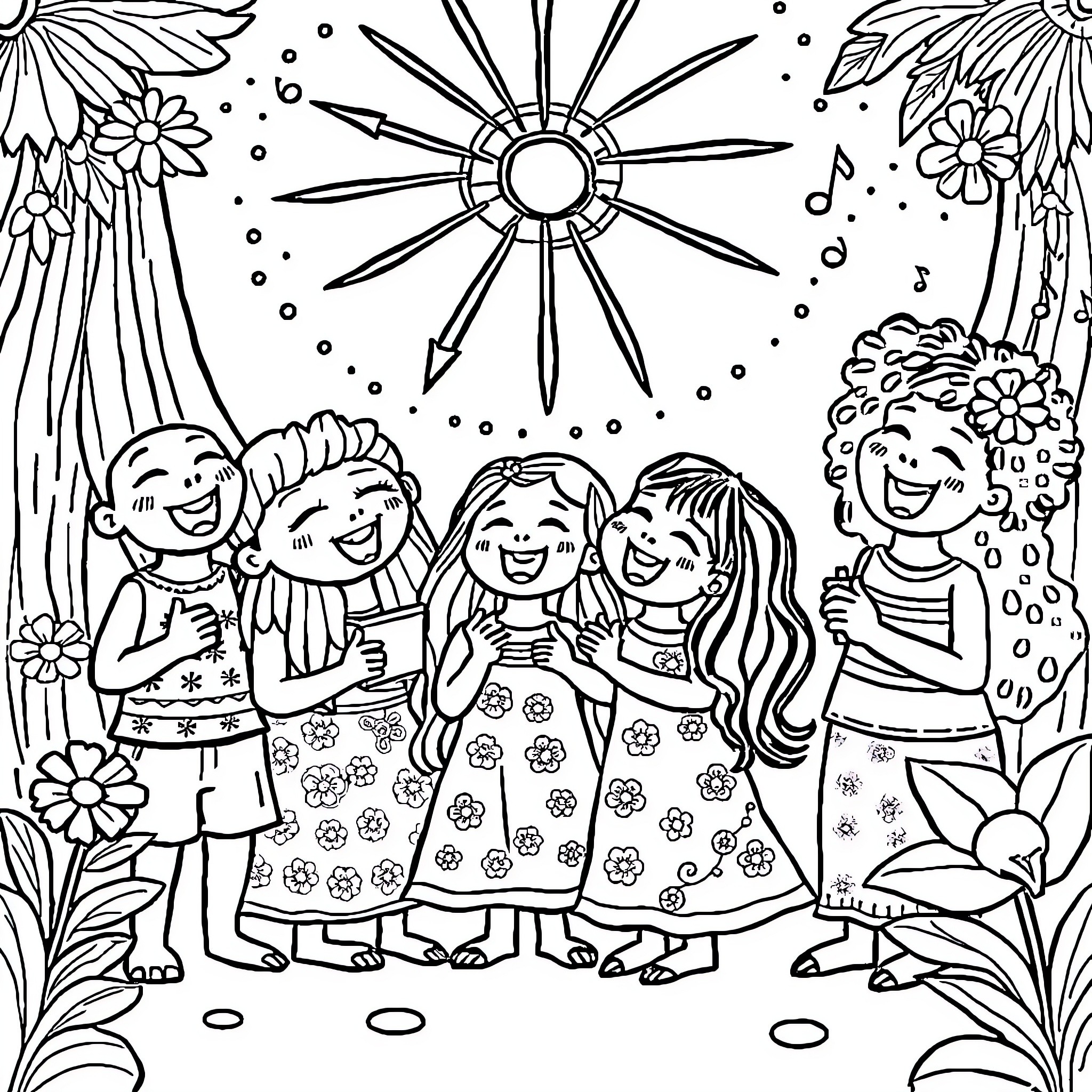 Tralalero Children Playing Joyfully in Nature Coloring Page (free black-and-white line drawing printable PDF for all, from beginners to advanced learners, including children, teens, adults, and seniors)