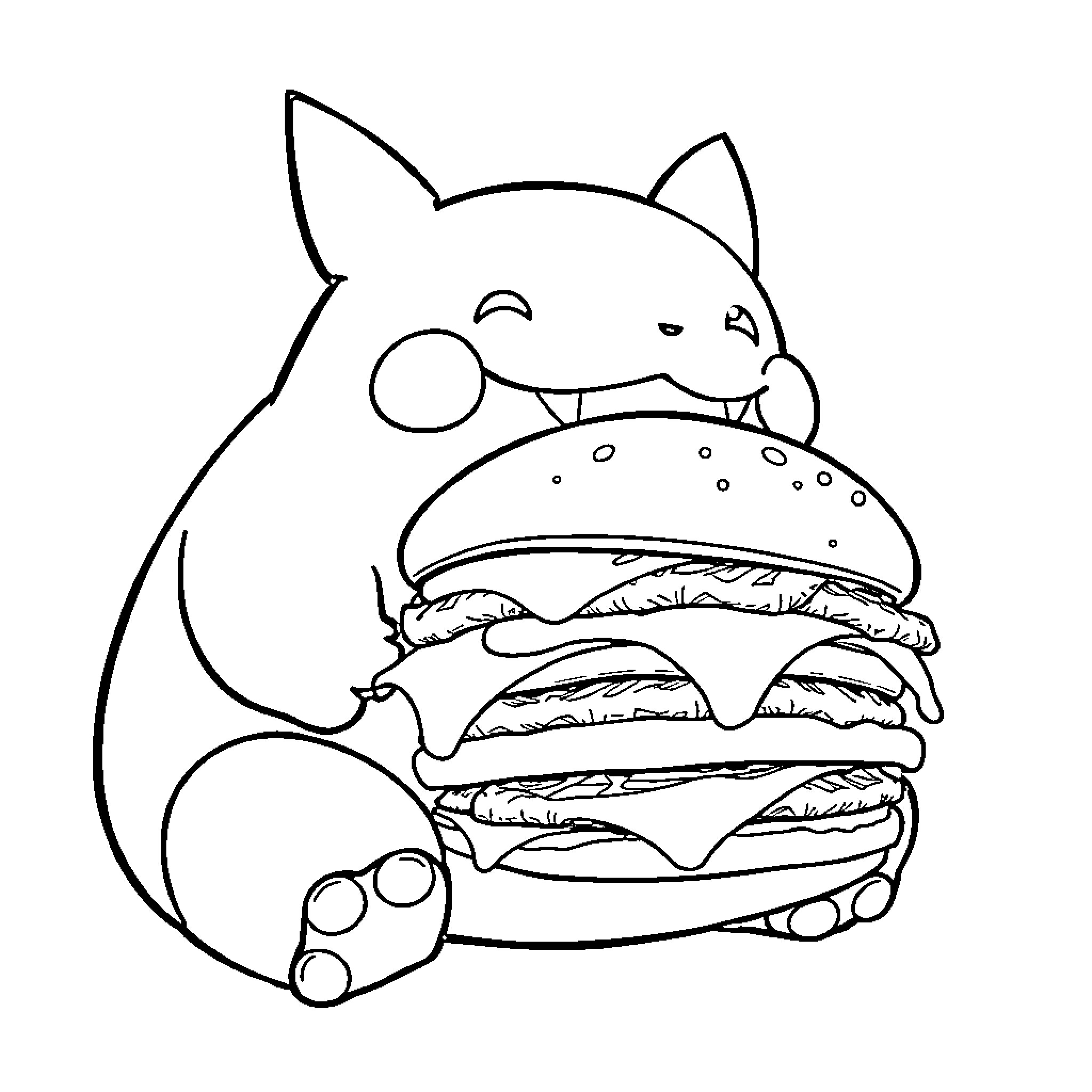 Snorlax eating a giant hamburger Coloring Page (free black-and-white line drawing printable PDF for all, from beginners to advanced learners, including children, teens, adults, and seniors)
