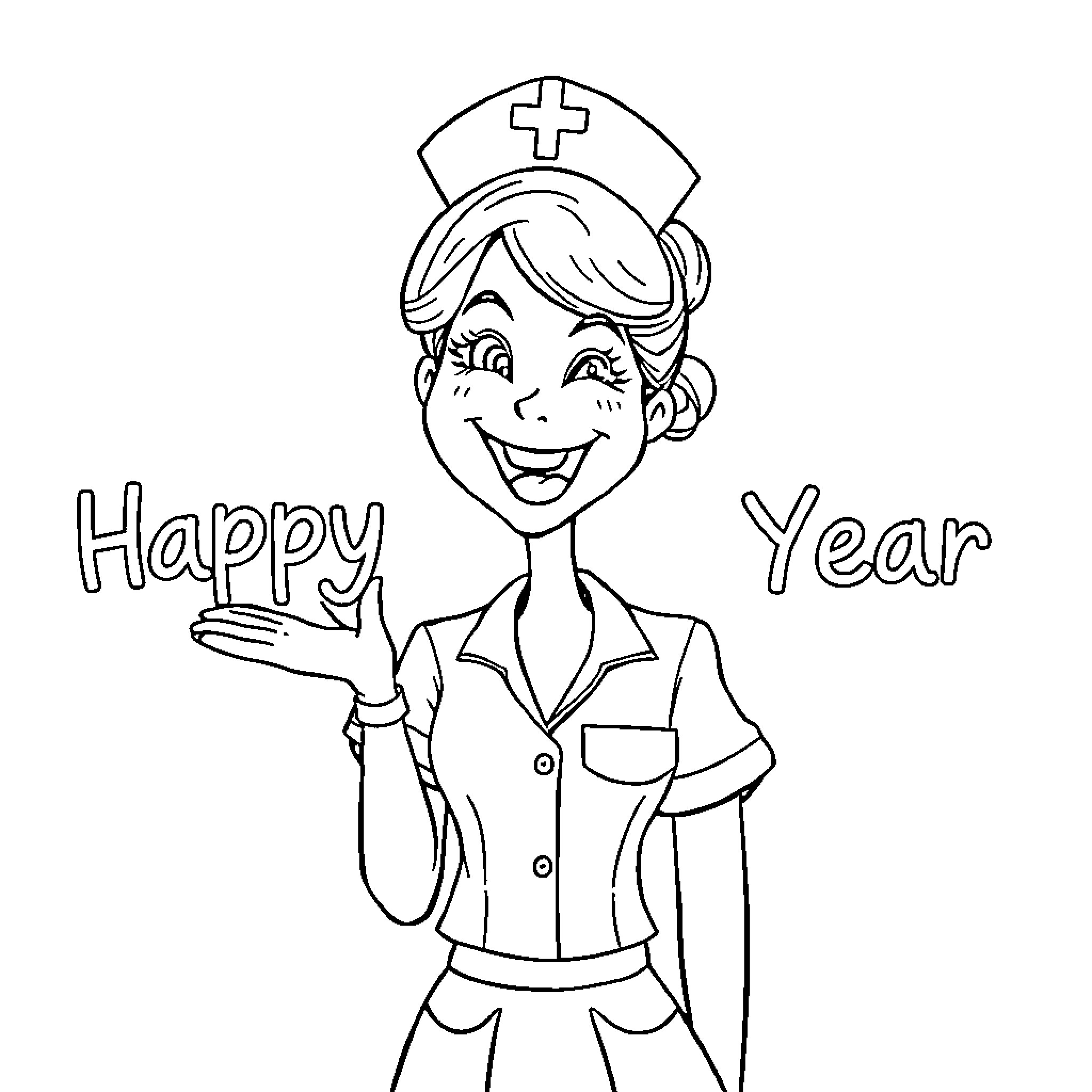 Nurse welcoming a Happy New Year Coloring Page (free black-and-white line drawing printable PDF for all, from beginners to advanced learners, including children, teens, adults, and seniors)