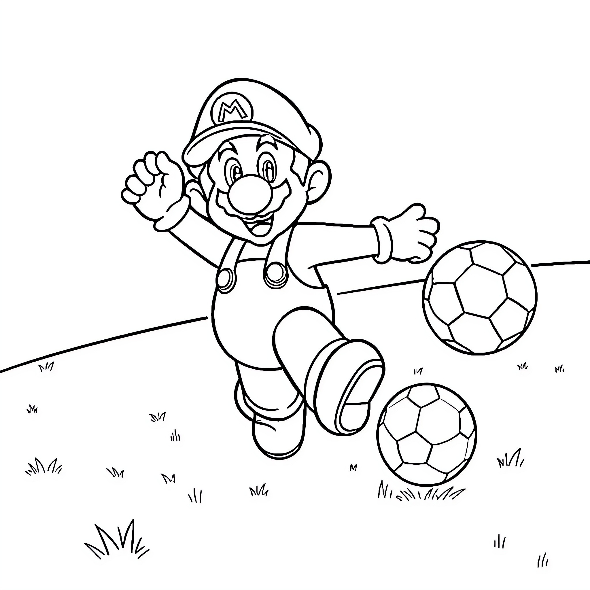 Mario playing with soccer balls on the field Coloring Page (free black-and-white line drawing printable PDF for all, from beginners to advanced learners, including children, teens, adults, and seniors)