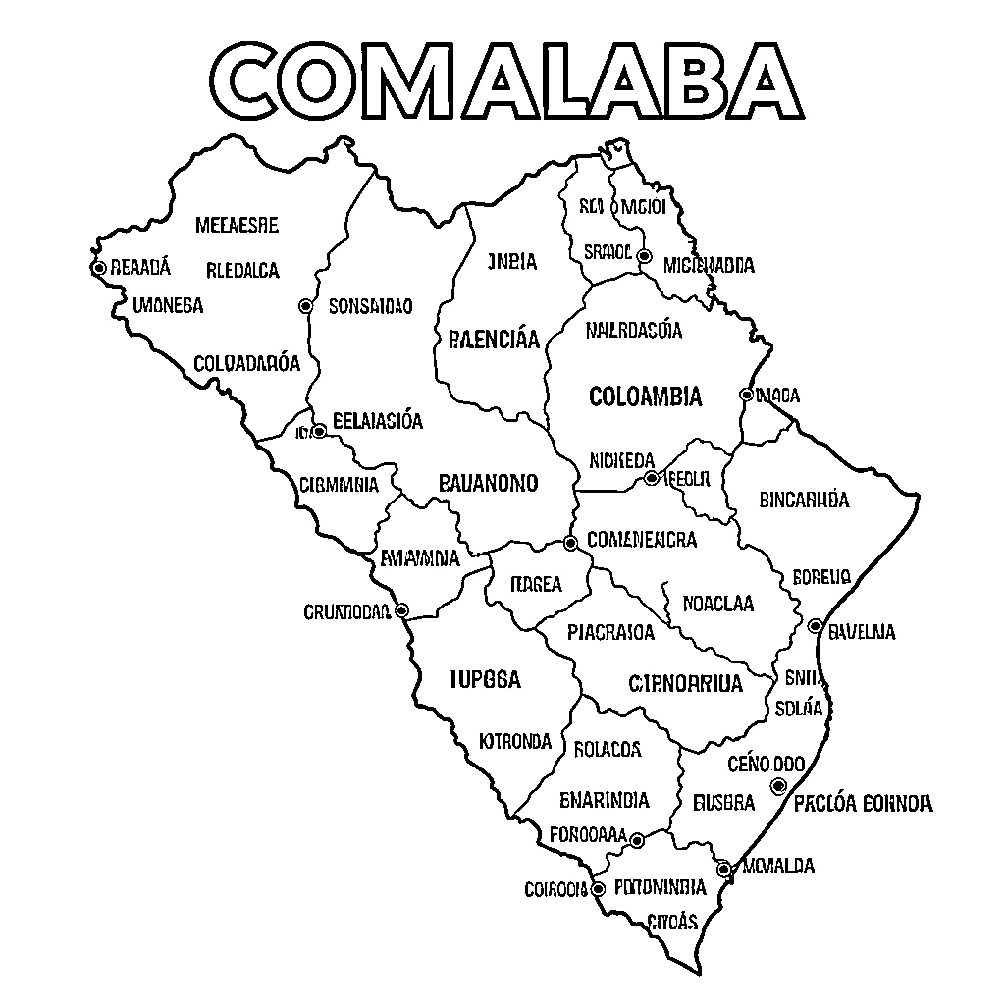 Mapa of geographic regions and municipalities in Comalaba Coloring Page (free black-and-white line drawing printable PDF for all, from beginners to advanced learners, including children, teens, adults, and seniors)