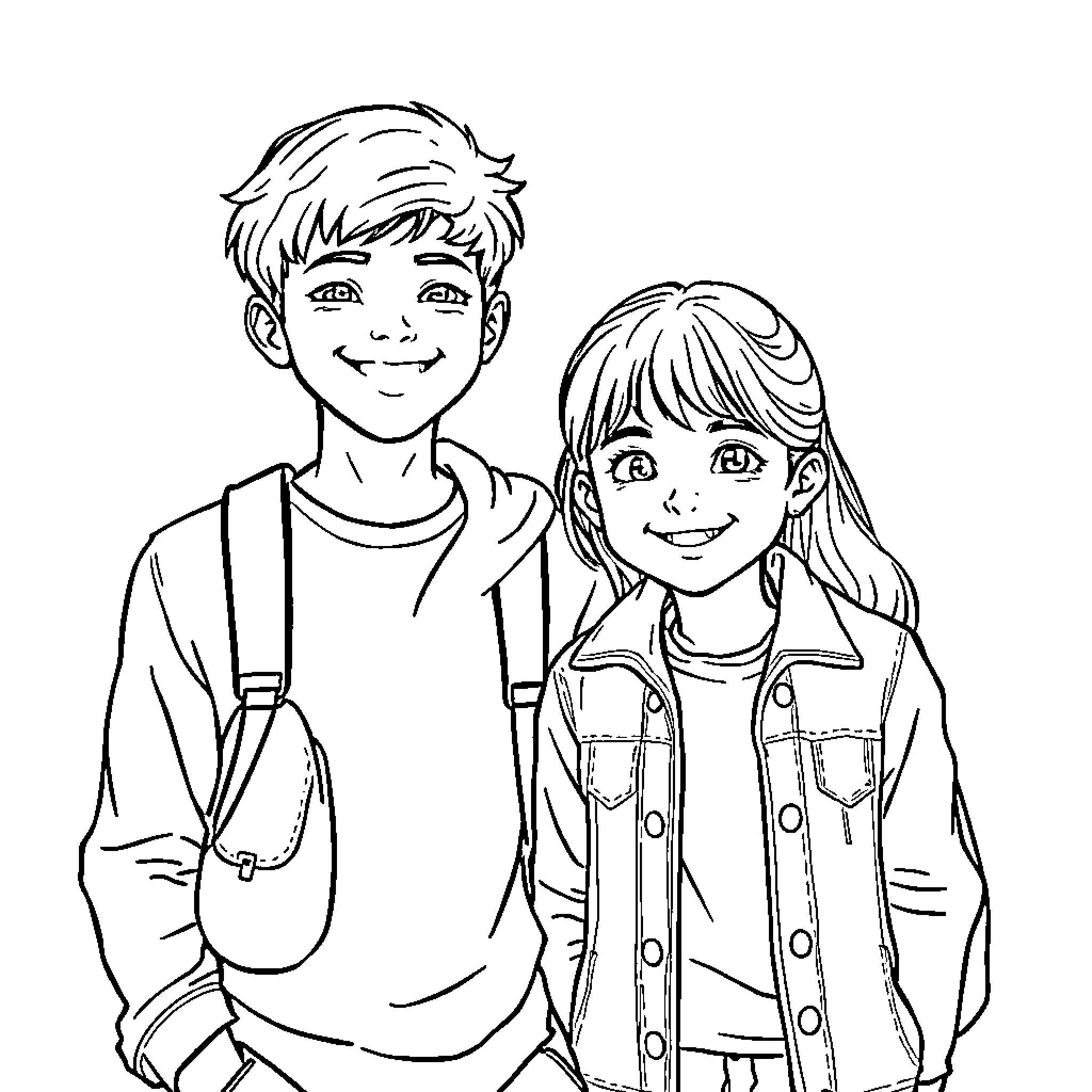 Siblings enjoying a casual day together Coloring Page (free black-and-white line drawing printable PDF for all, from beginners to advanced learners, including children, teens, adults, and seniors)