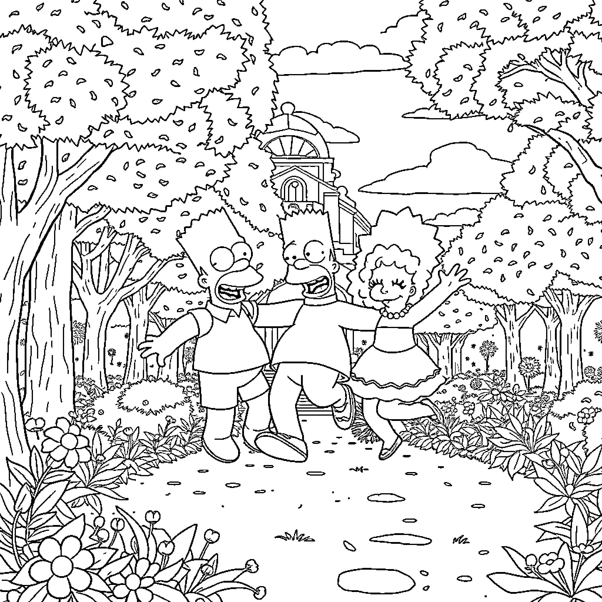 Simpson family exploring enchanting forest landscape Coloring Page (free black-and-white line drawing printable PDF for all, from beginners to advanced learners, including children, teens, adults, and seniors)
