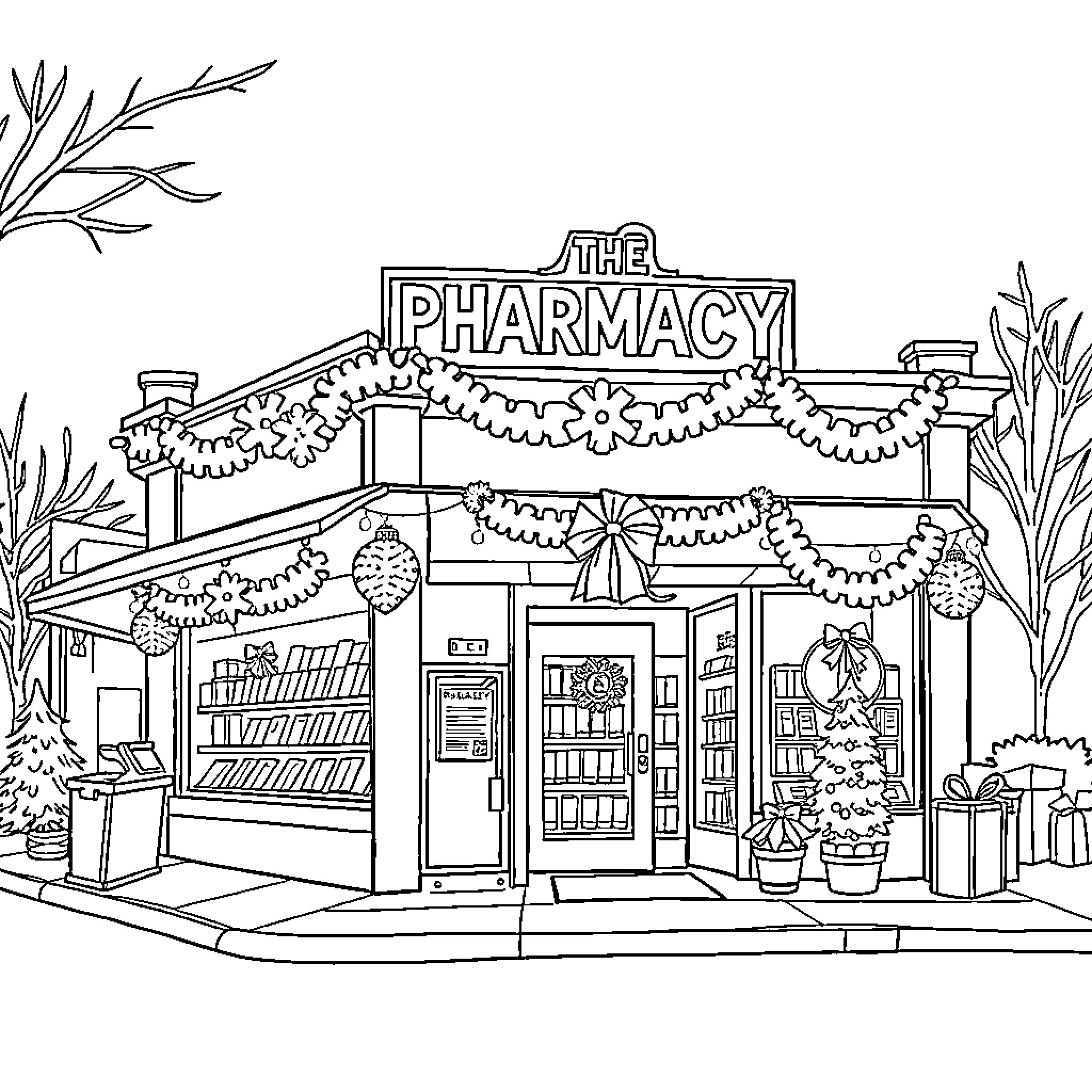Pharmacy adorned with festive decorations Coloring Page (free black-and-white line drawing printable PDF for all, from beginners to advanced learners, including children, teens, adults, and seniors)