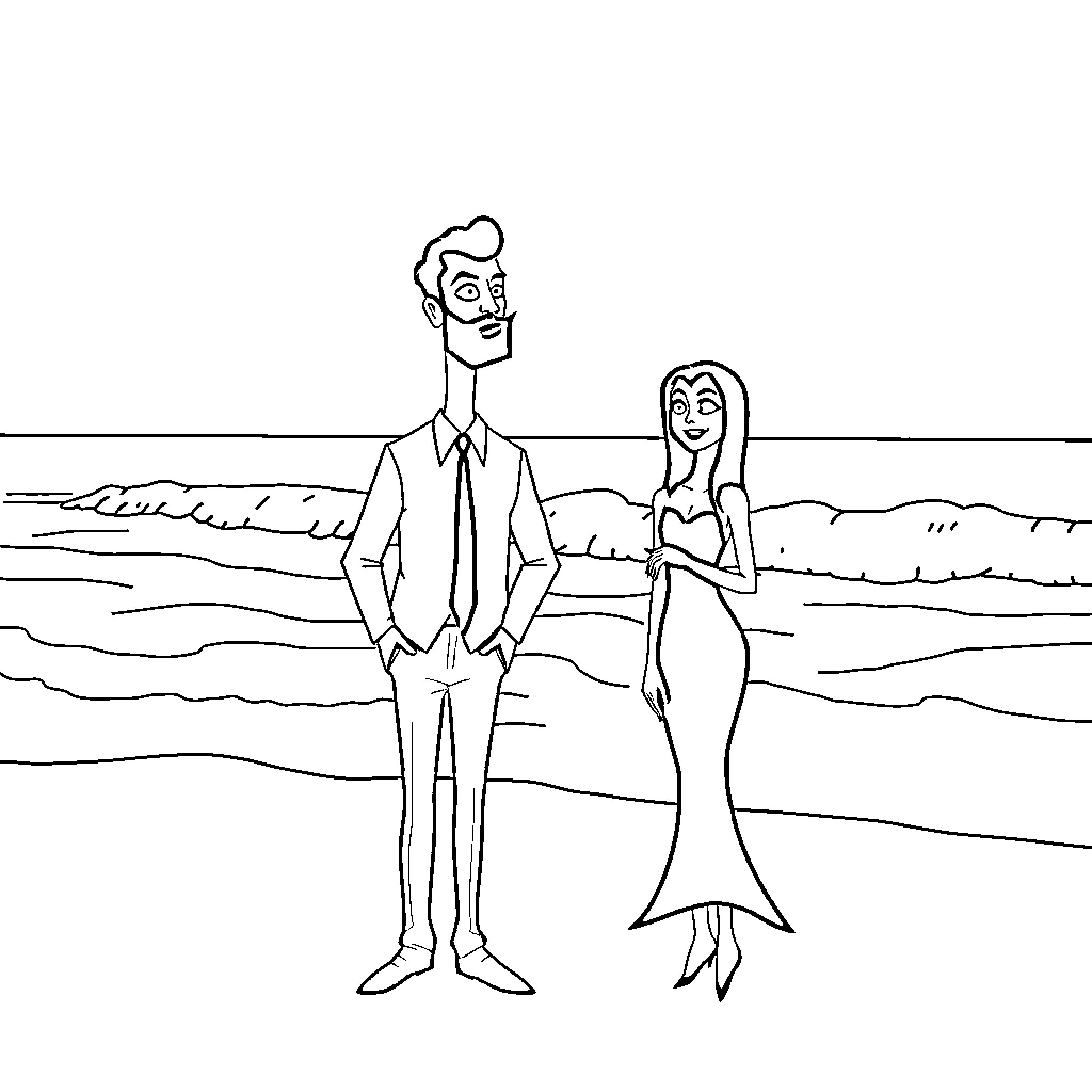 Gomez and Morticia's romantic walk on the beach Coloring Page (free black-and-white line drawing printable PDF for all, from beginners to advanced learners, including children, teens, adults, and seniors)