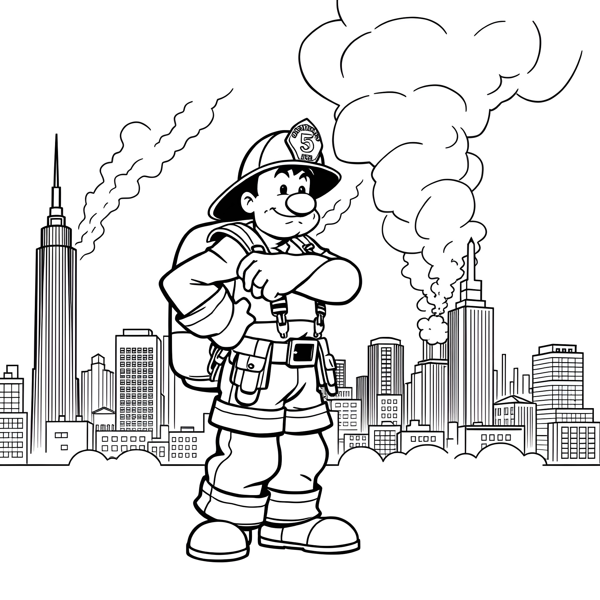 Popeye the Firefighter Battling Flames in the City Coloring Page (free black-and-white line drawing printable PDF for all, from beginners to advanced learners, including children, teens, adults, and seniors)