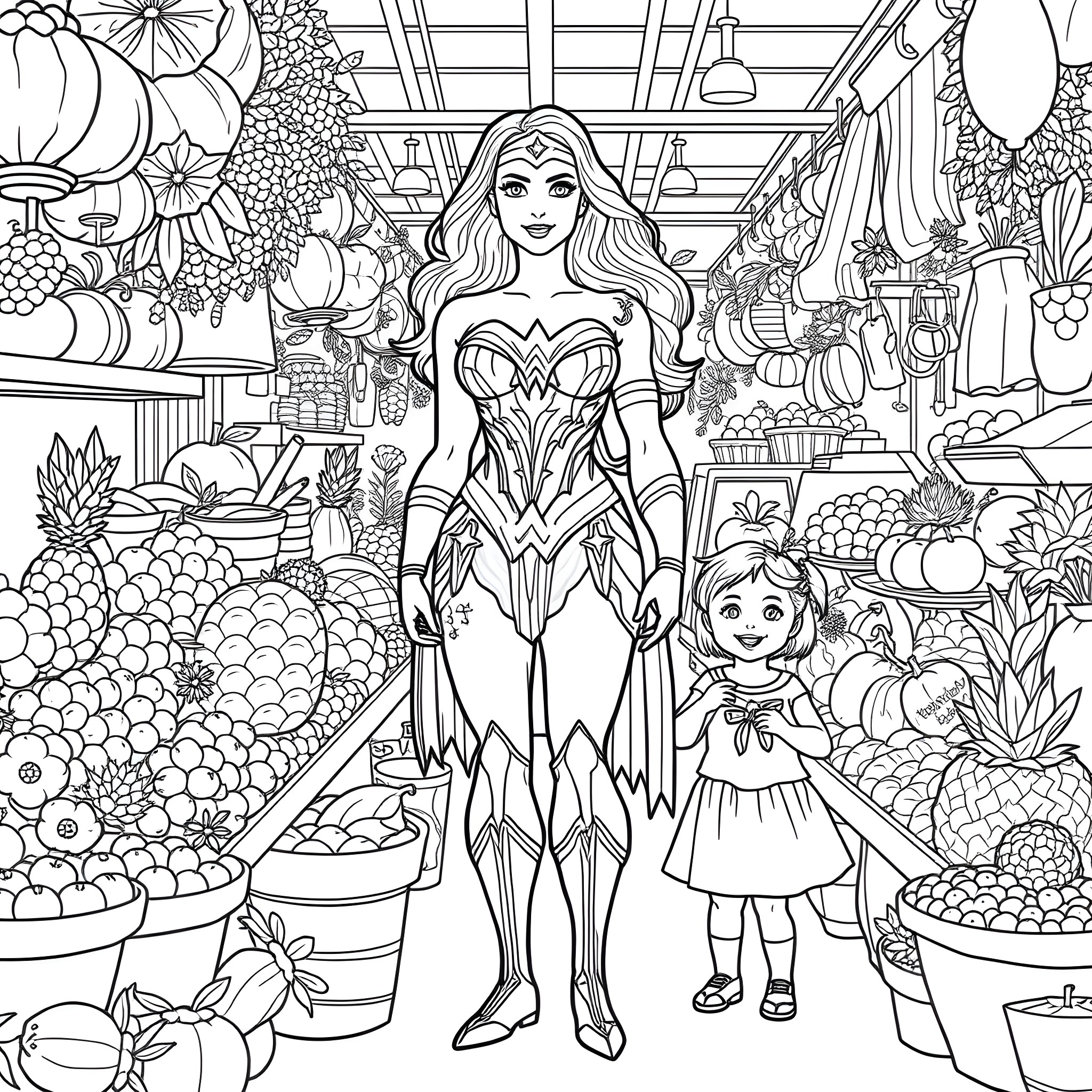 Wonder Woman in a Garden of Wonders Coloring Page (free black-and-white line drawing printable PDF for all, from beginners to advanced learners, including children, teens, adults, and seniors)