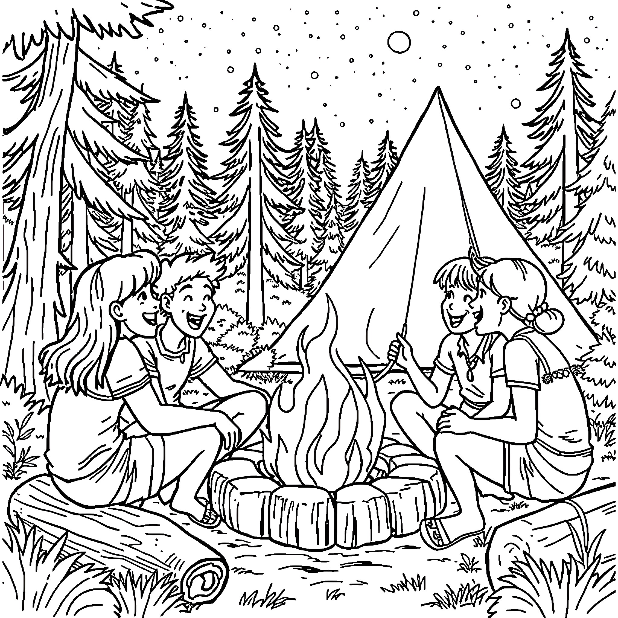 Friendship around the campfire in the snowy forest Coloring Page (free black-and-white line drawing printable PDF for all, from beginners to advanced learners, including children, teens, adults, and seniors)