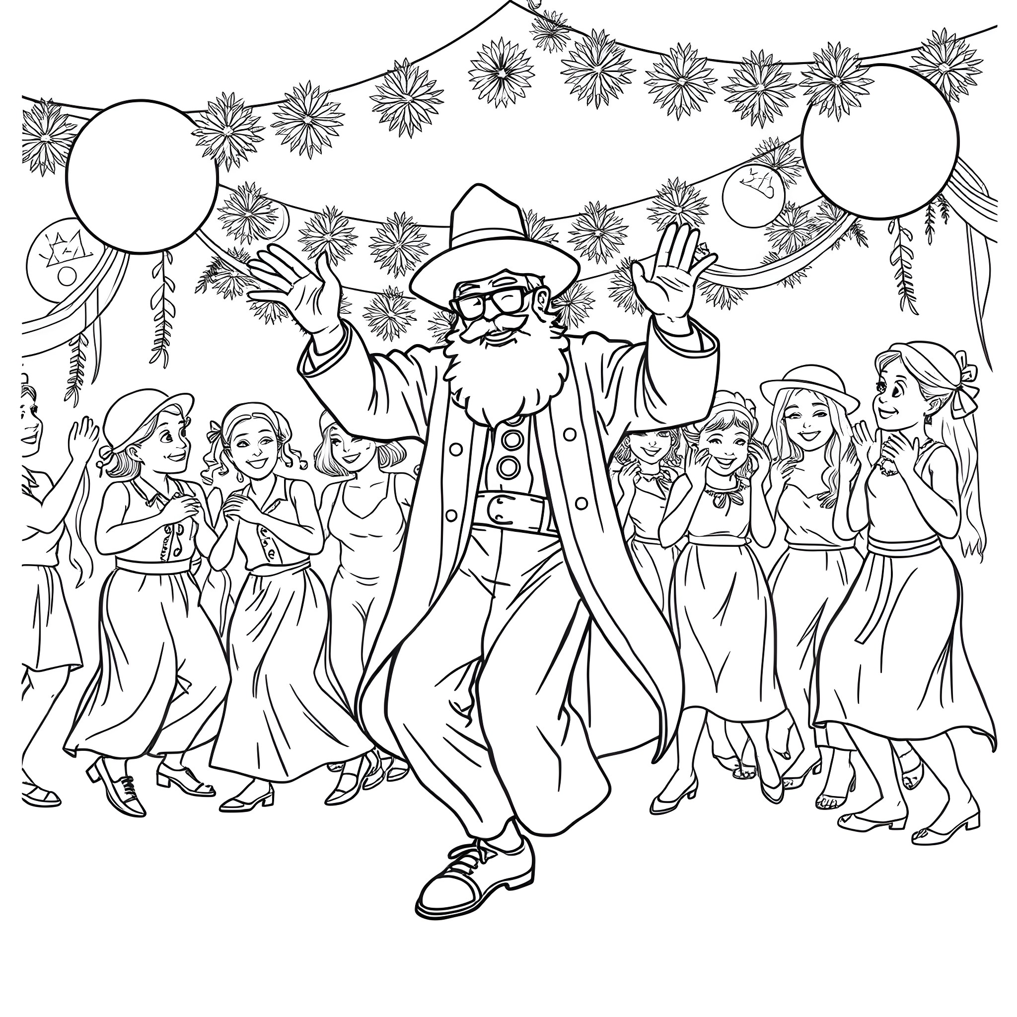Rabbi Celebrating with Joyful Dancers at a Festival Coloring Page (free black-and-white line drawing printable PDF for all, from beginners to advanced learners, including children, teens, adults, and seniors)