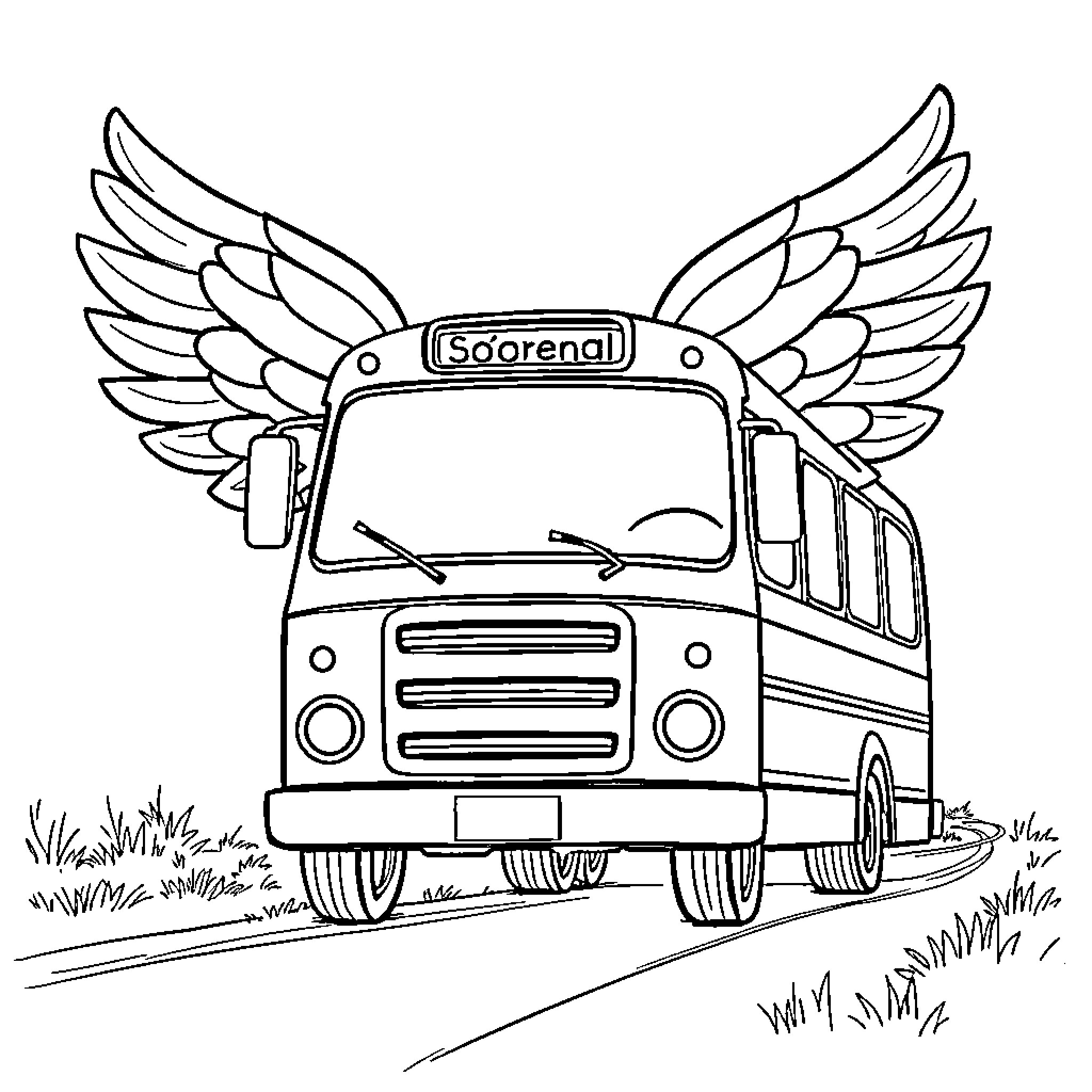 Bus with wings soaring over field Coloring Page (free black-and-white line drawing printable PDF for all, from beginners to advanced learners, including children, teens, adults, and seniors)