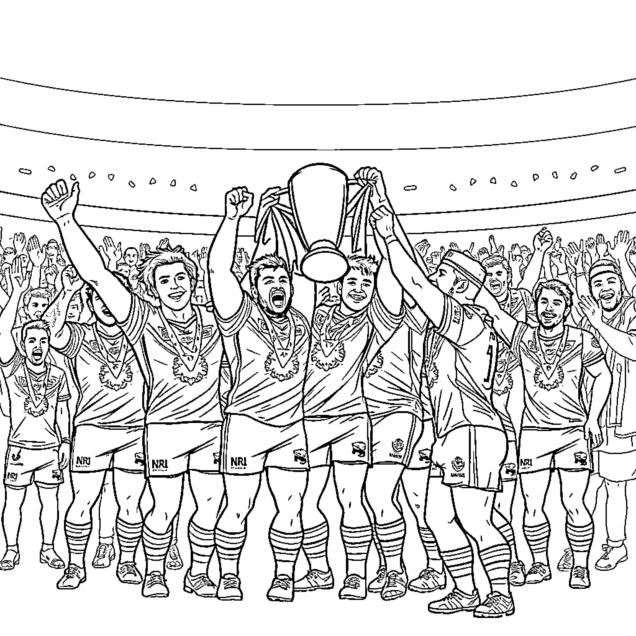 Brisbane Broncos celebrate team victory with trophy in stadium Coloring Page (free black-and-white line drawing printable PDF for all, from beginners to advanced learners, including children, teens, adults, and seniors)
