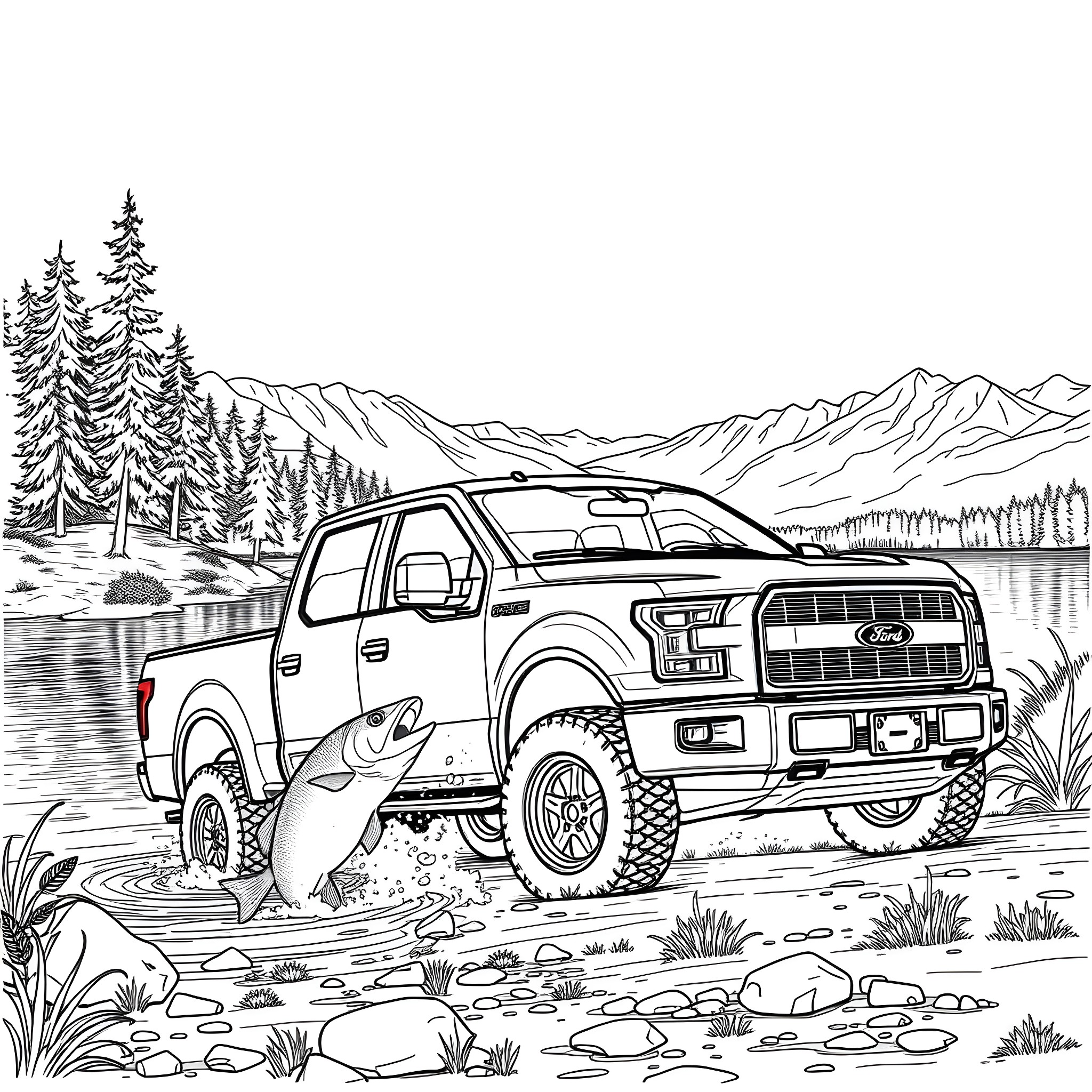 Ford Pickup Truck Navigating Rugged Terrain Coloring Page (free black-and-white line drawing printable PDF for all, from beginners to advanced learners, including children, teens, adults, and seniors)
