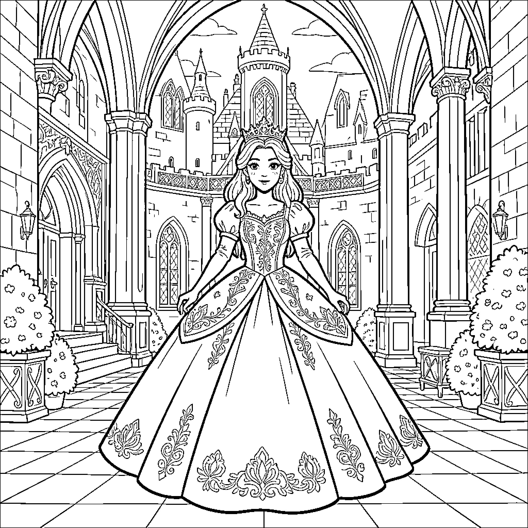 Princess standing gracefully in a grand castle courtyard Coloring Page (free black-and-white line drawing printable PDF for all, from beginners to advanced learners, including children, teens, adults, and seniors)