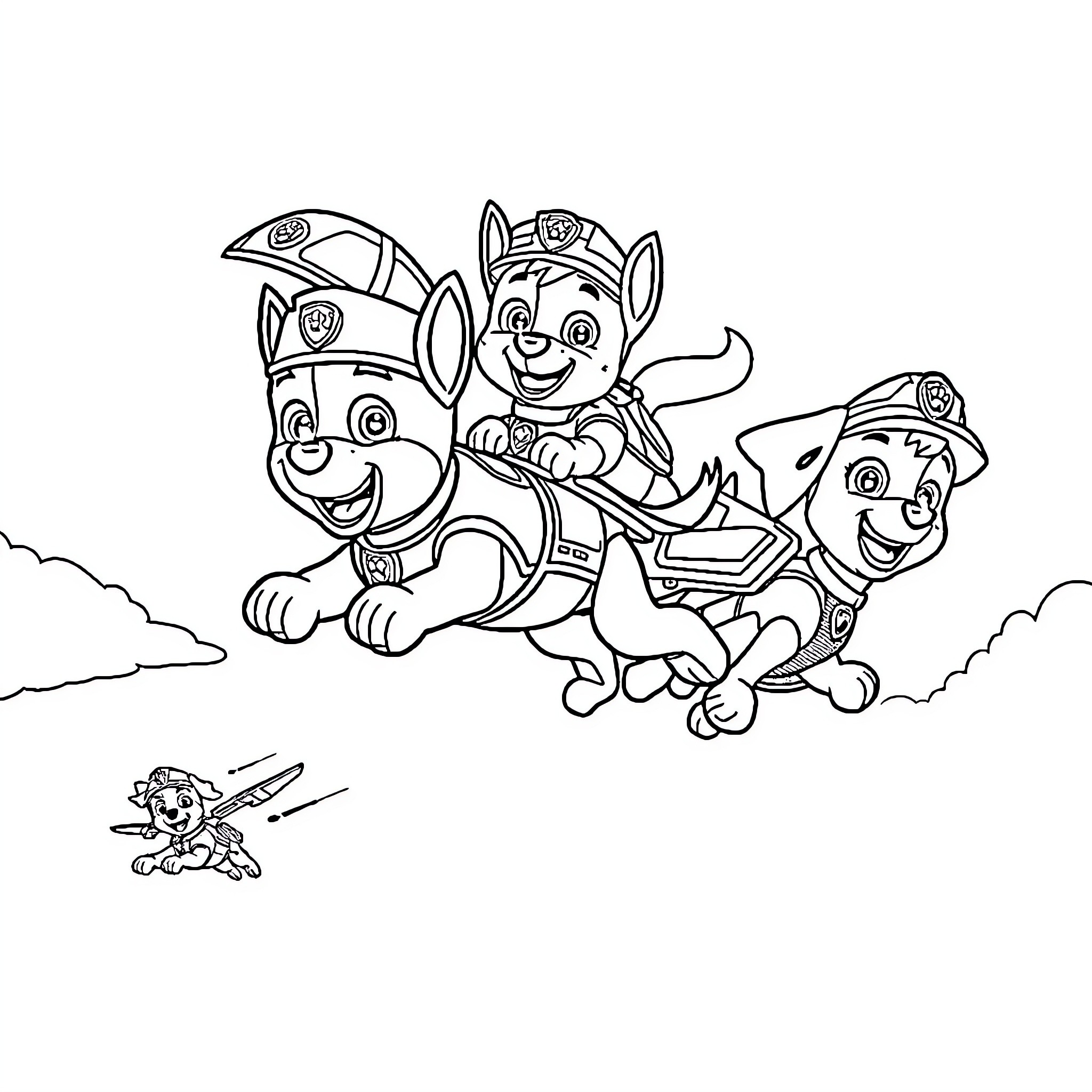 Paw Patrol team on a rescue mission Coloring Page (free black-and-white line drawing printable PDF for all, from beginners to advanced learners, including children, teens, adults, and seniors)