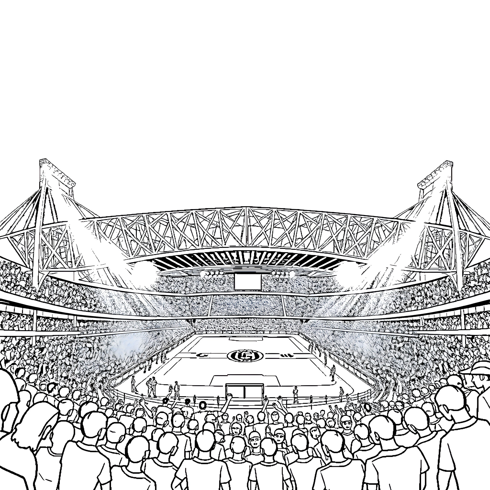 Etihad Stadium Filled with Cheering Fans Coloring Page (free black-and-white line drawing printable PDF for all, from beginners to advanced learners, including children, teens, adults, and seniors)