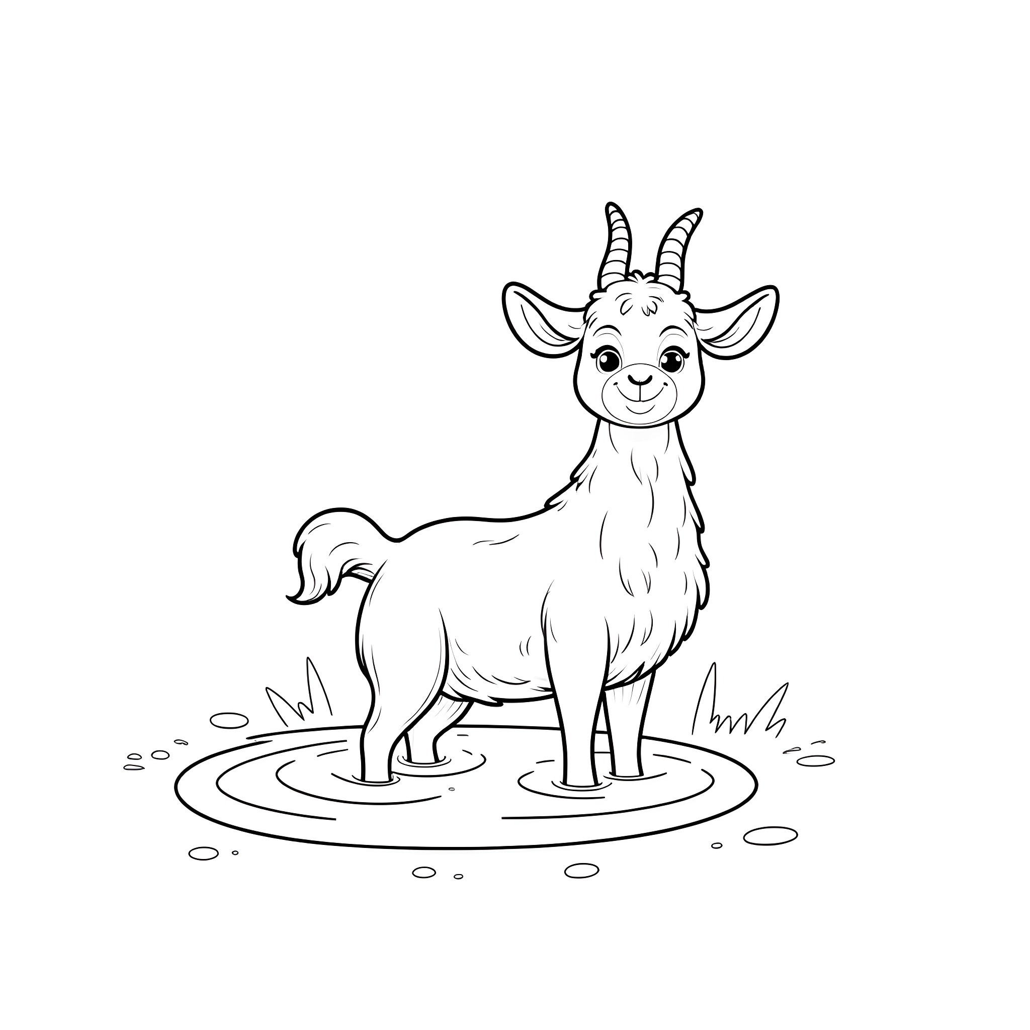 Goat standing cheerfully in the field Coloring Page (free black-and-white line drawing printable PDF for all, from beginners to advanced learners, including children, teens, adults, and seniors)