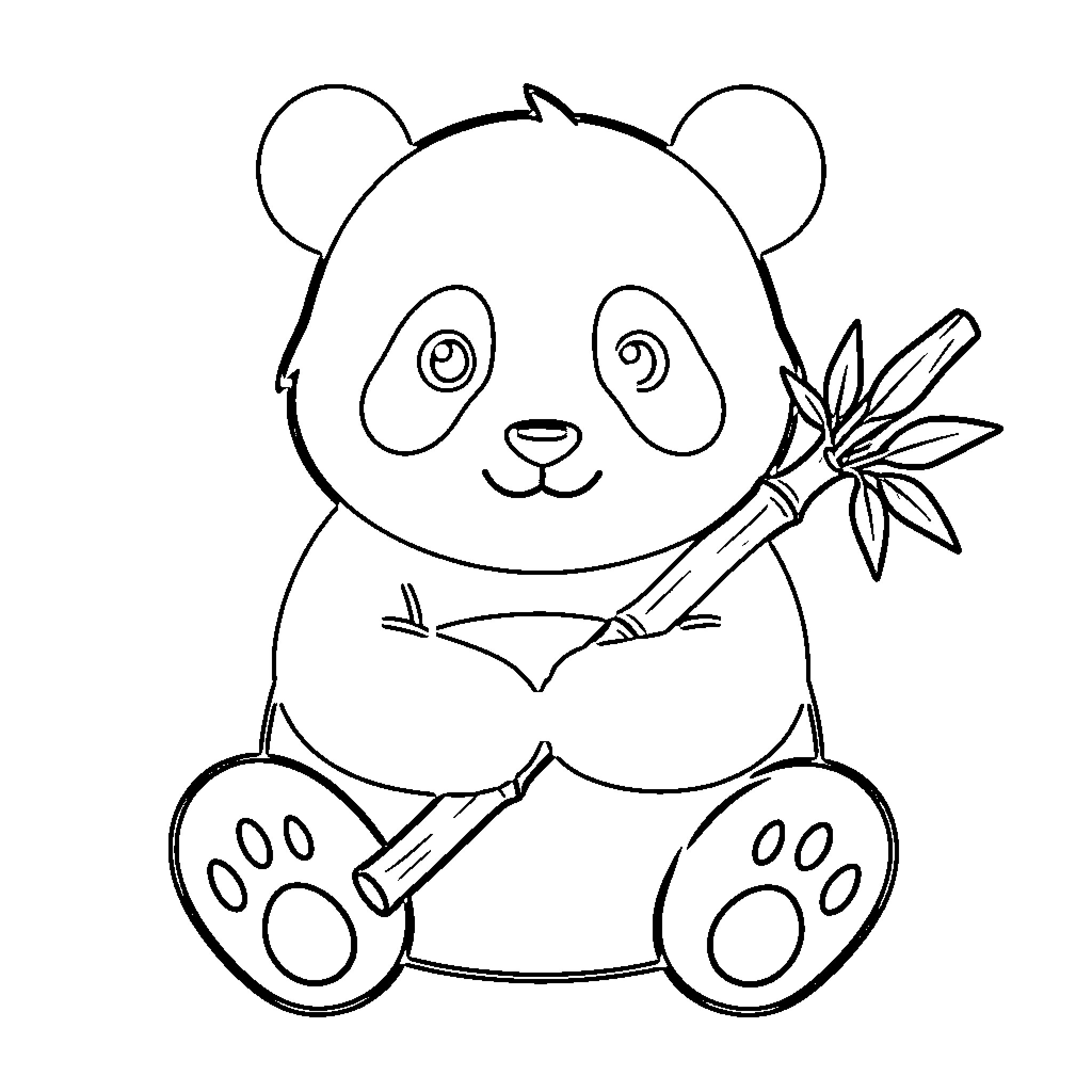 Panda sitting while holding a bamboo stalk Coloring Page (free black-and-white line drawing printable PDF for all, from beginners to advanced learners, including children, teens, adults, and seniors)