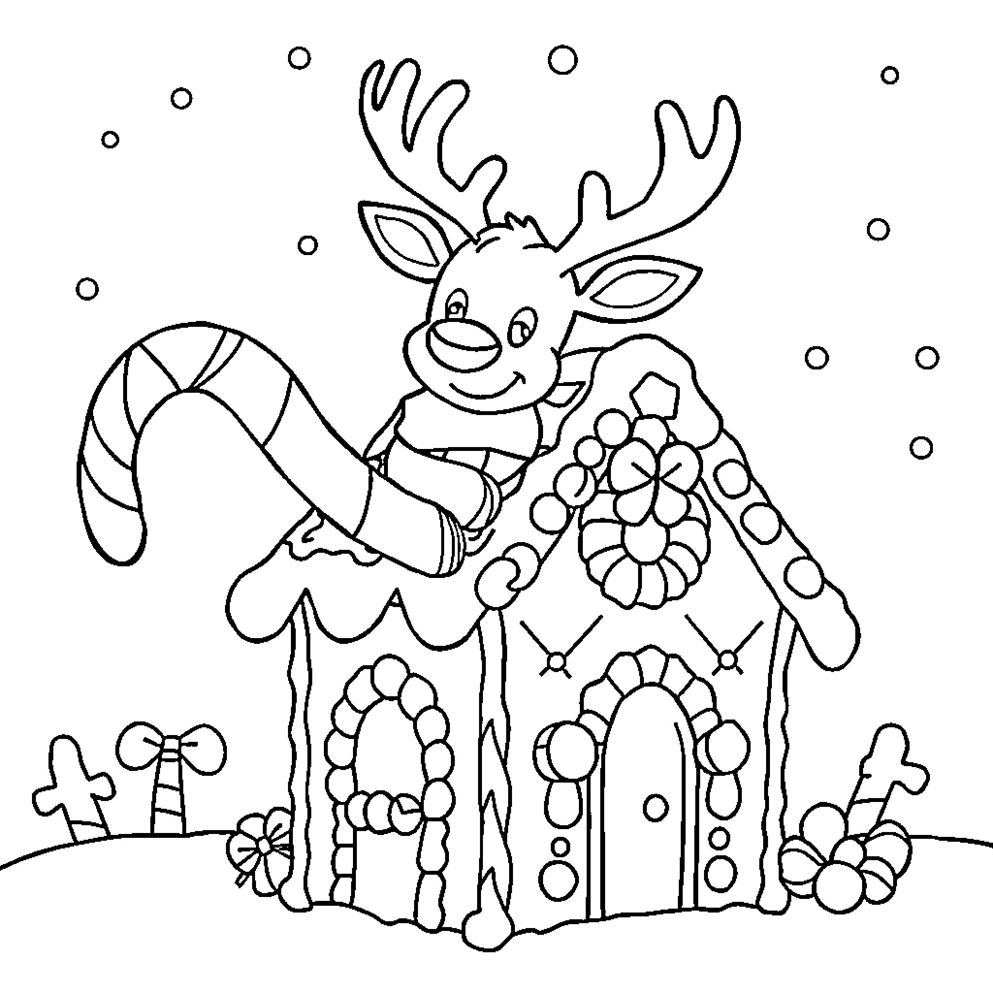 Rudolph the Reindeer's Festive Home Coloring Page (free black-and-white line drawing printable PDF for all, from beginners to advanced learners, including children, teens, adults, and seniors)