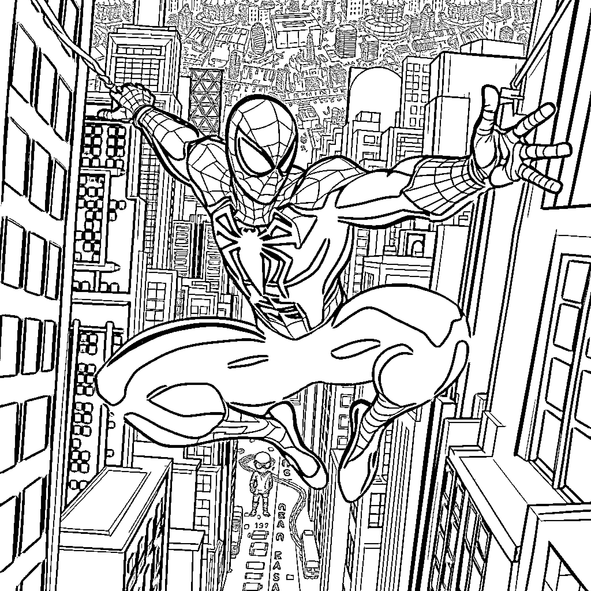 Spider-Man swinging through the city skyline Coloring Page (free black-and-white line drawing printable PDF for all, from beginners to advanced learners, including children, teens, adults, and seniors)