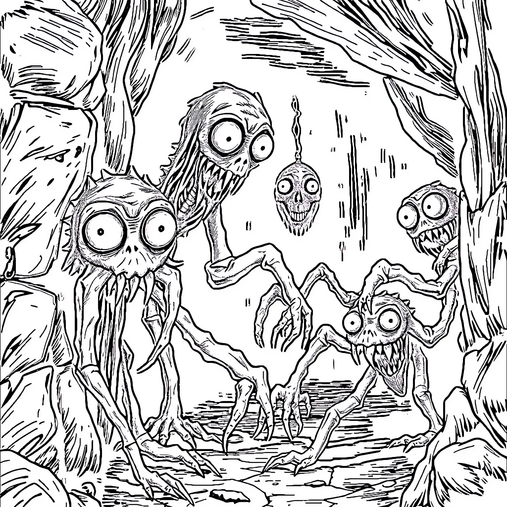 Trevor Henderson Creature Gathering in the Woods Coloring Page (free black-and-white line drawing printable PDF for all, from beginners to advanced learners, including children, teens, adults, and seniors)