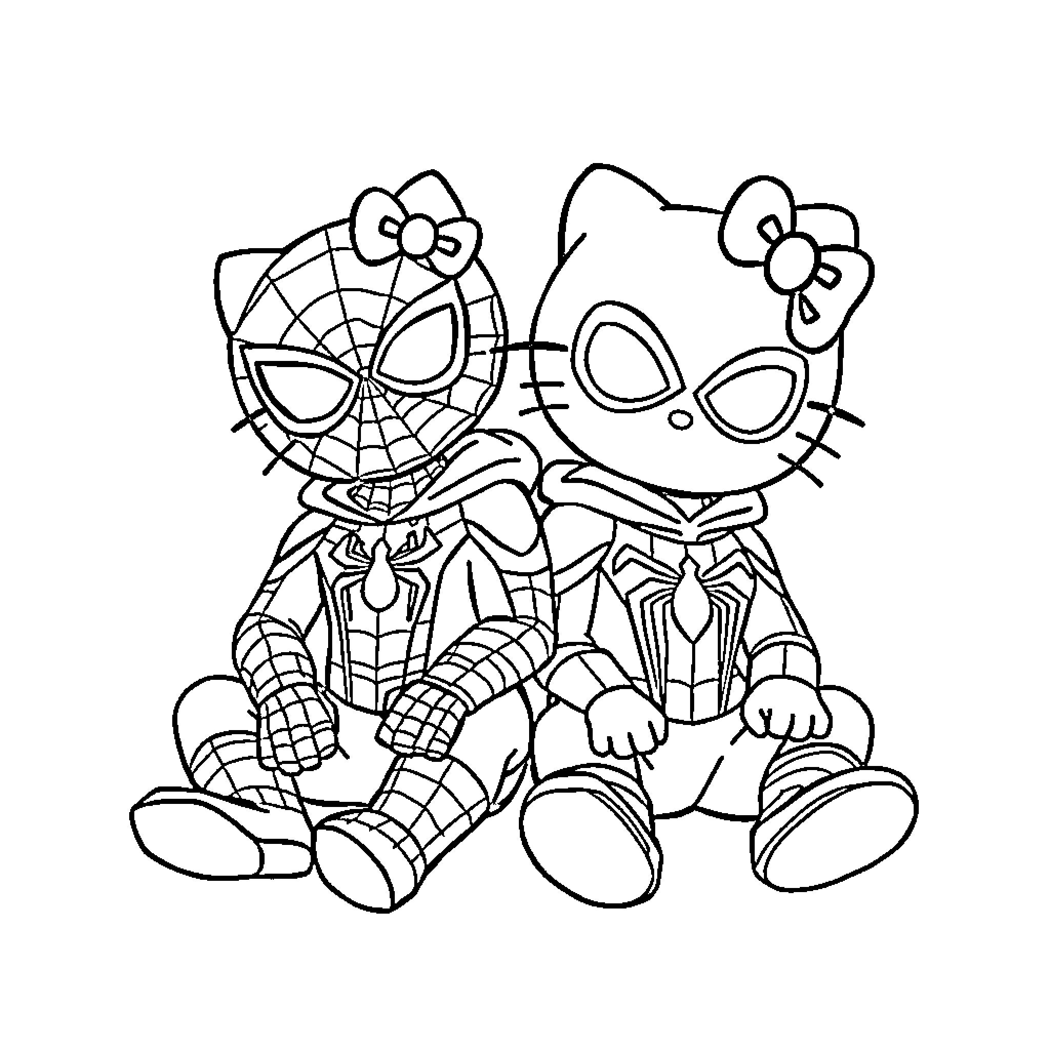 Hello Kitty and Spiderman Plush Toys Coloring Page (free black-and-white line drawing printable PDF for all, from beginners to advanced learners, including children, teens, adults, and seniors)