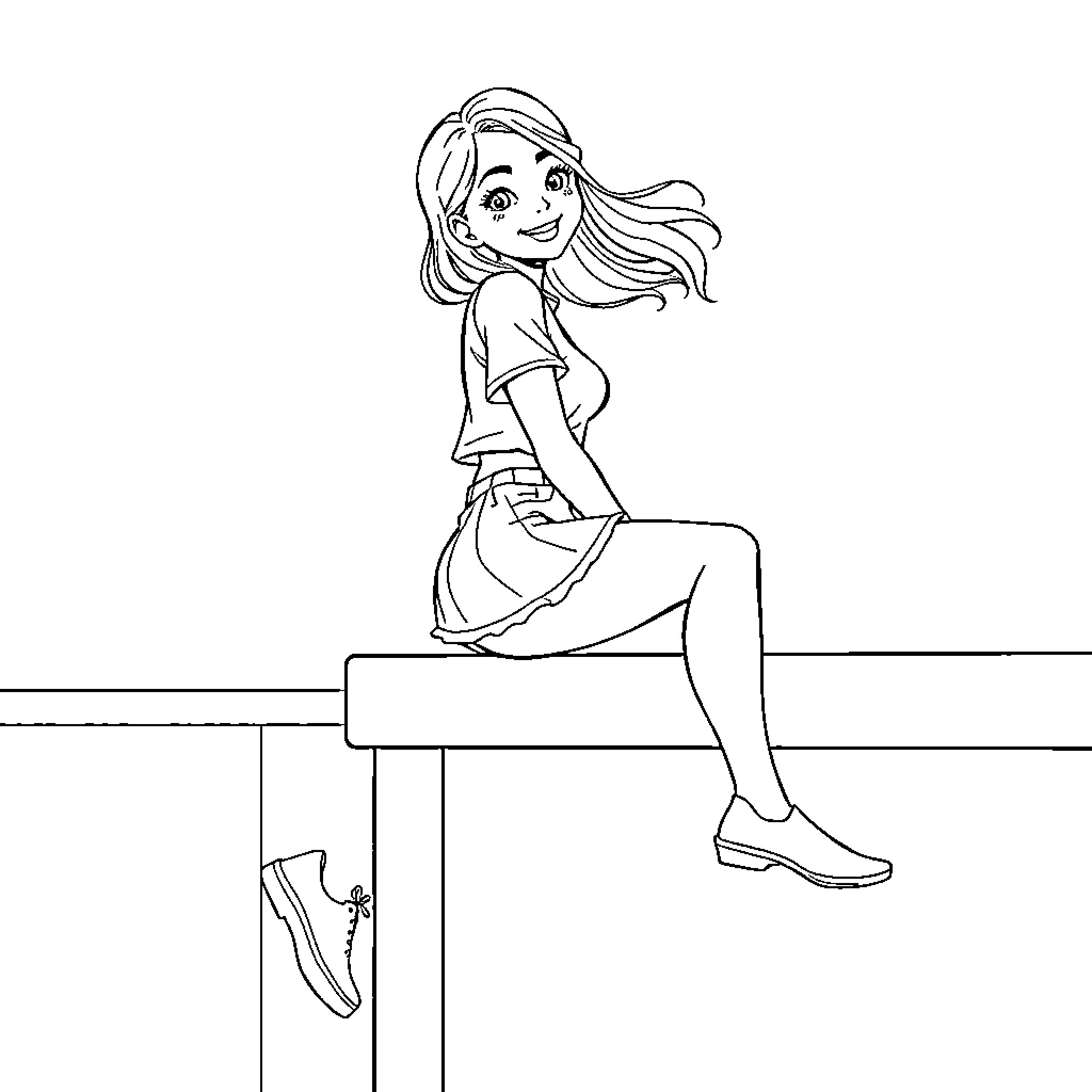 Girl sitting on a bench with a cheerful expression Coloring Page (free black-and-white line drawing printable PDF for all, from beginners to advanced learners, including children, teens, adults, and seniors)