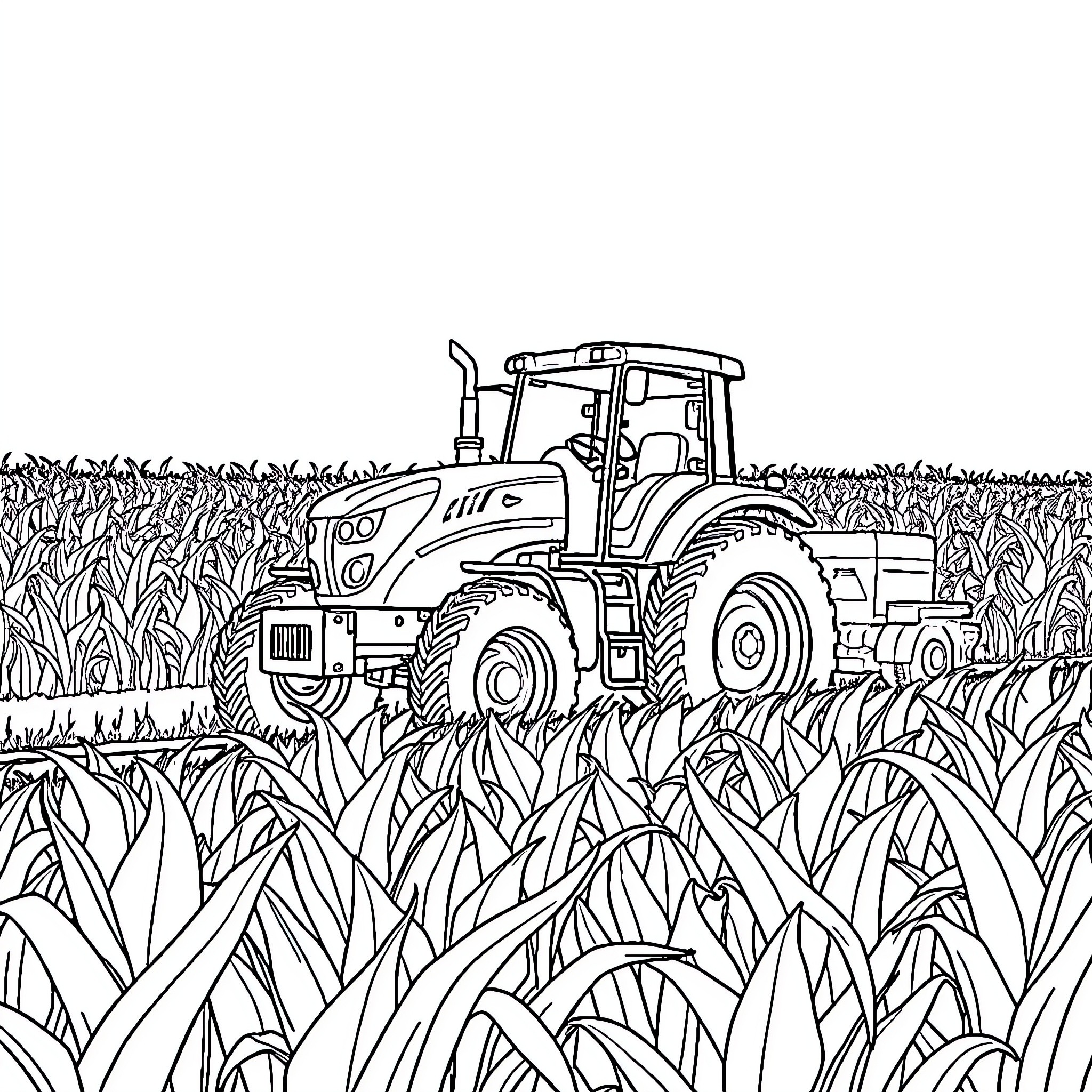 Tractor plowing through lush farmland Coloring Page (free black-and-white line drawing printable PDF for all, from beginners to advanced learners, including children, teens, adults, and seniors)