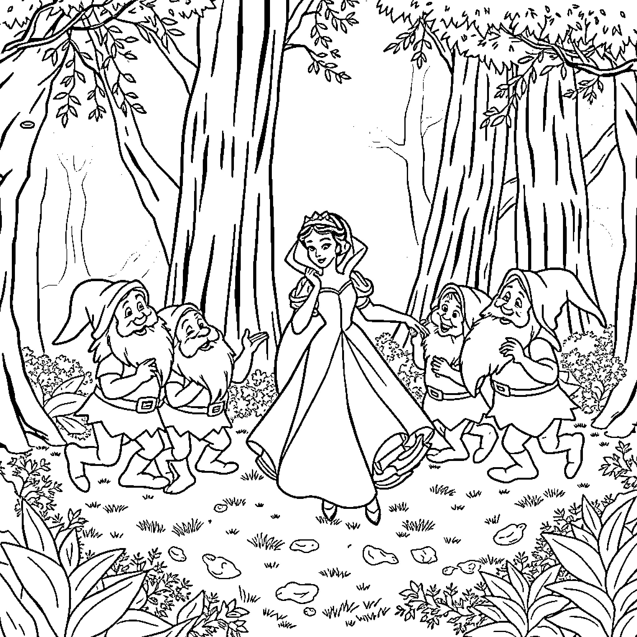 Dwarf companions explore the forest with a princess Coloring Page (free black-and-white line drawing printable PDF for all, from beginners to advanced learners, including children, teens, adults, and seniors)