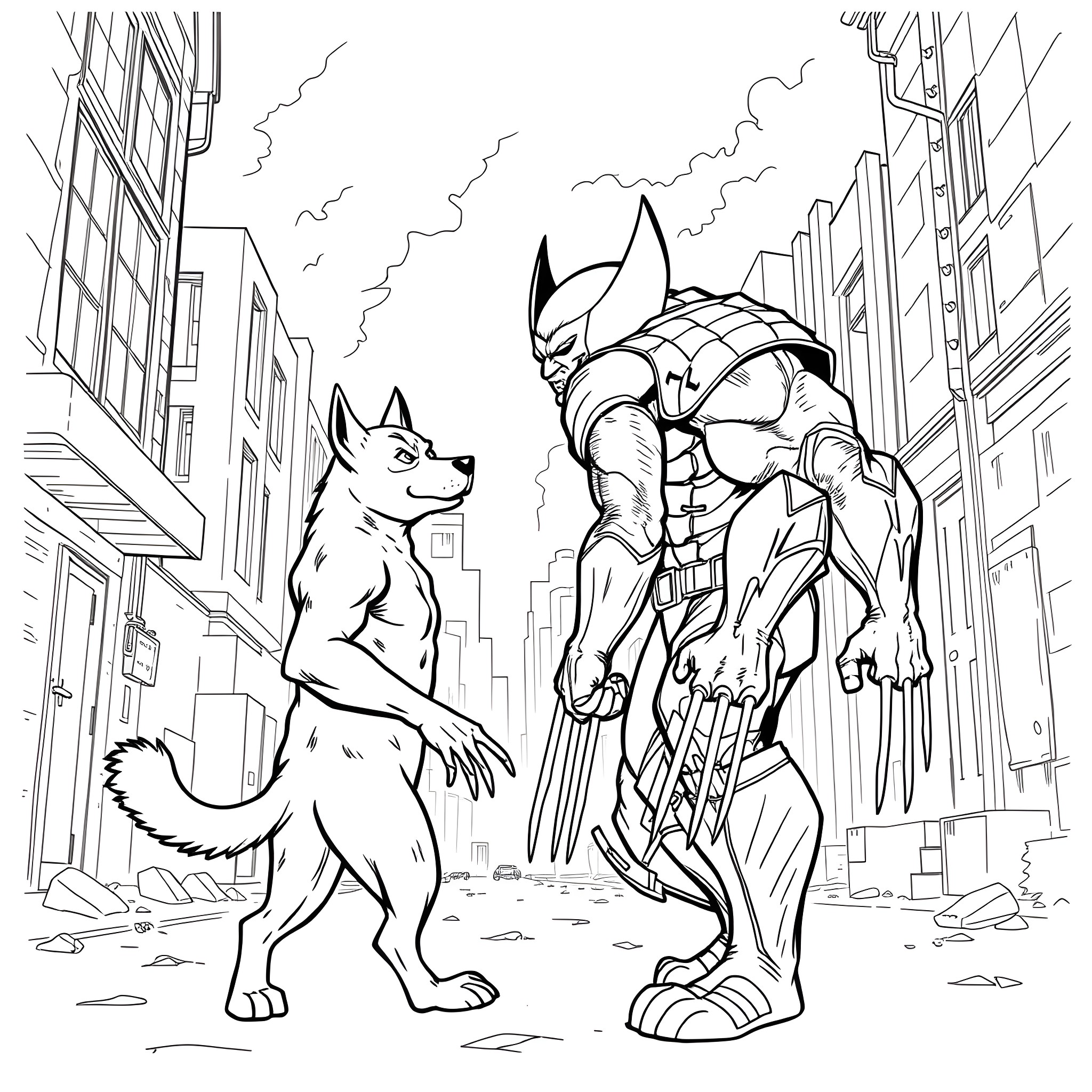 Dog Man Fights Crime in the City Streets Coloring Page (free black-and-white line drawing printable PDF for all, from beginners to advanced learners, including children, teens, adults, and seniors)