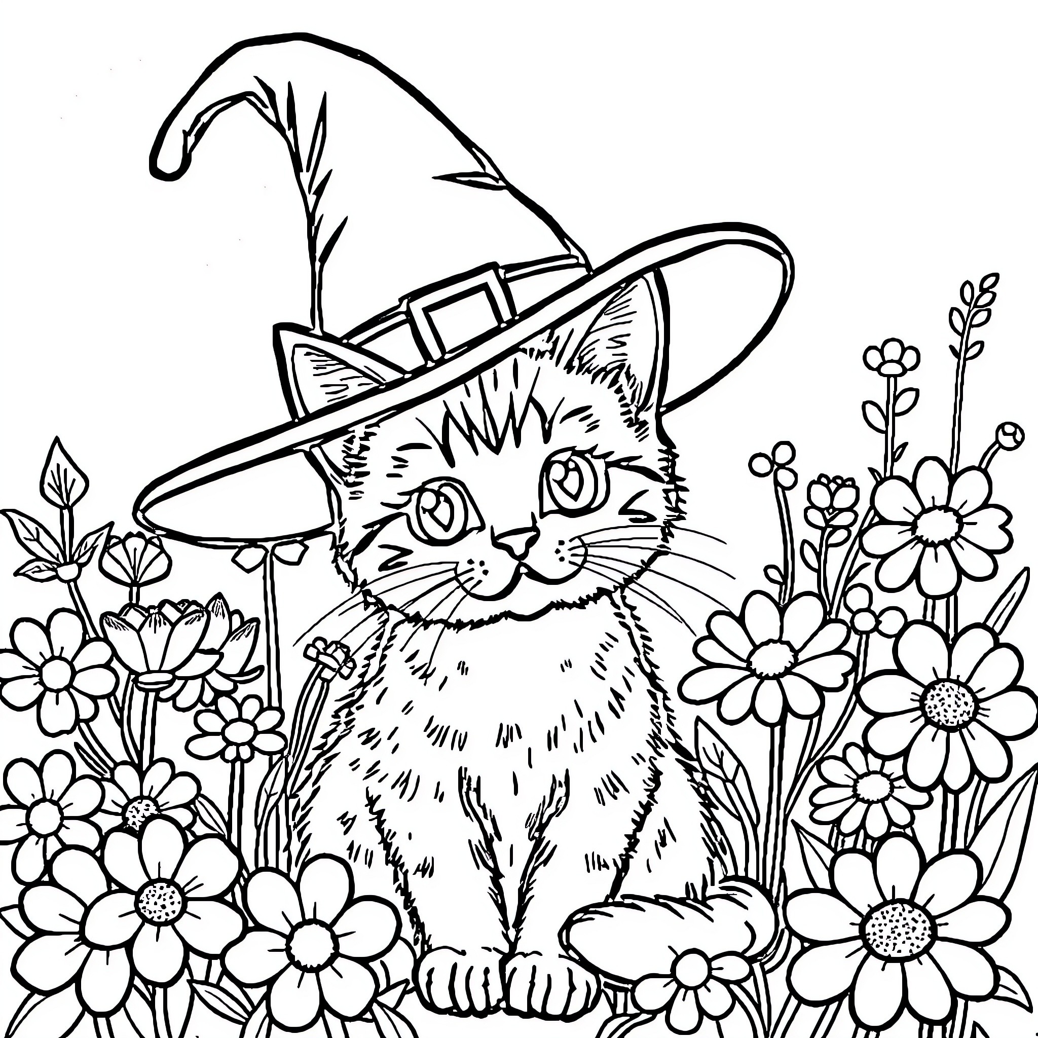 Cat in Witch Hat Among Flowers Coloring Page (free black-and-white line drawing printable PDF for all, from beginners to advanced learners, including children, teens, adults, and seniors)