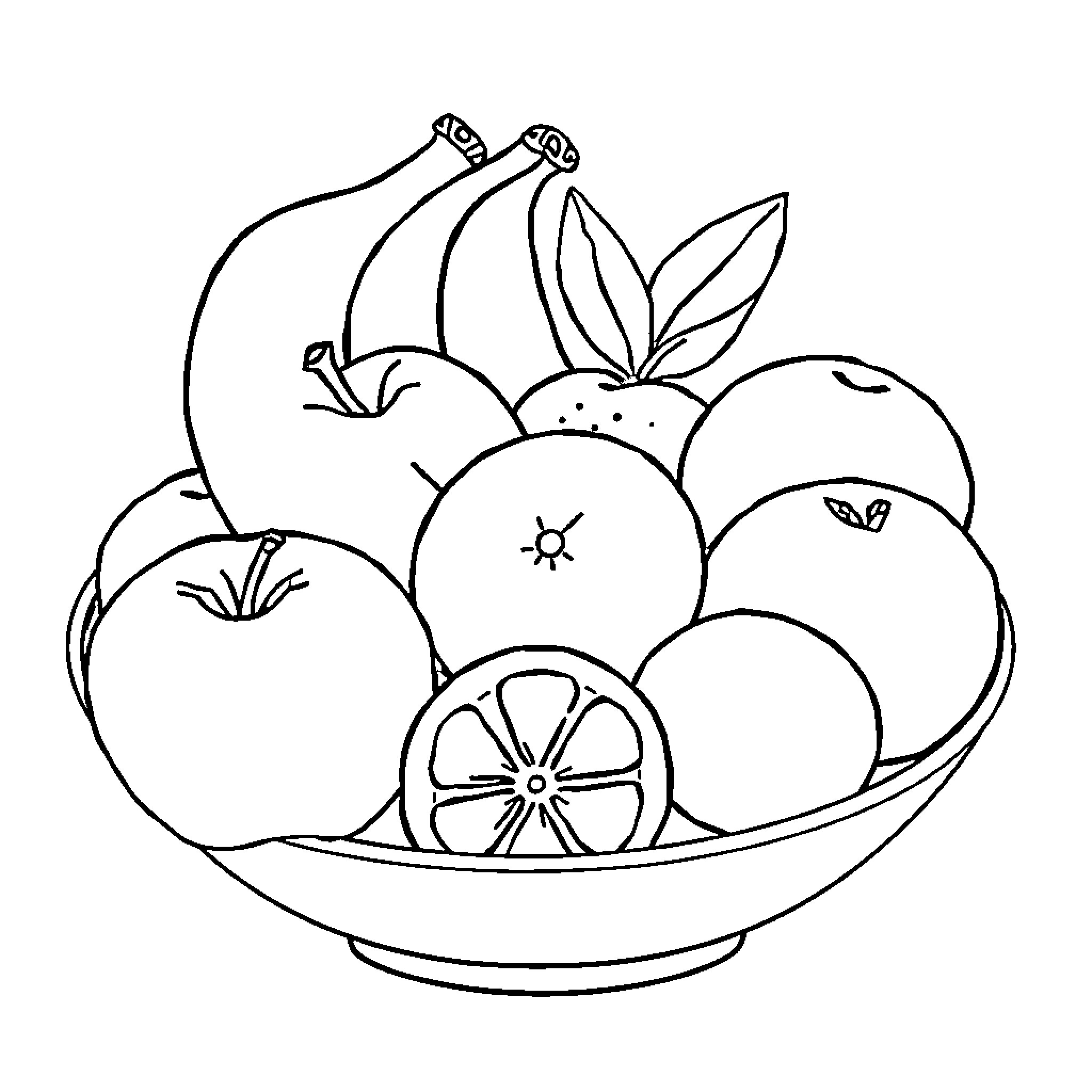 Fruit Basket with Assortment of Fresh Produce Coloring Page (free black-and-white line drawing printable PDF for all, from beginners to advanced learners, including children, teens, adults, and seniors)