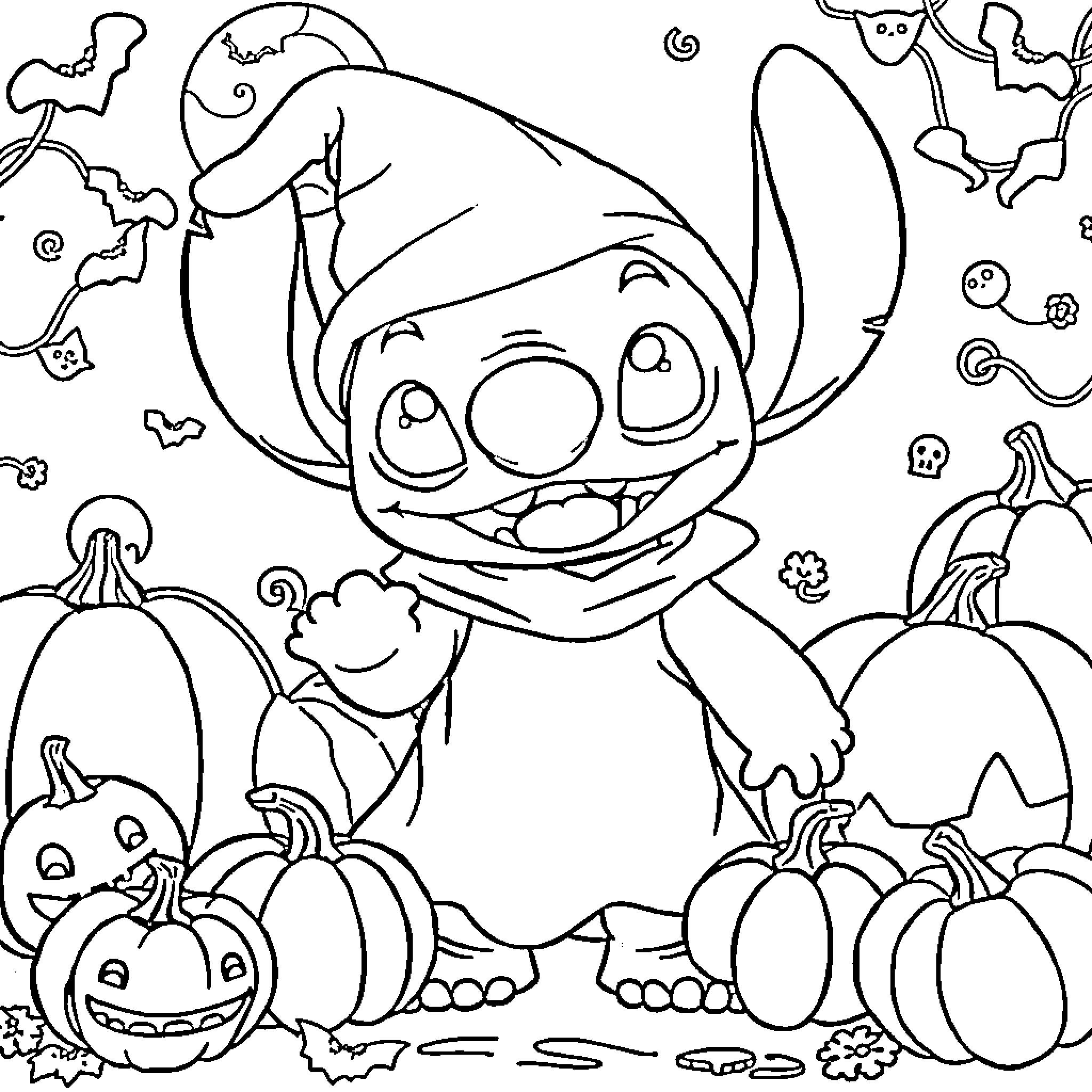 Stitch enjoying Halloween with pumpkins and bats Coloring Page (free black-and-white line drawing printable PDF for all, from beginners to advanced learners, including children, teens, adults, and seniors)