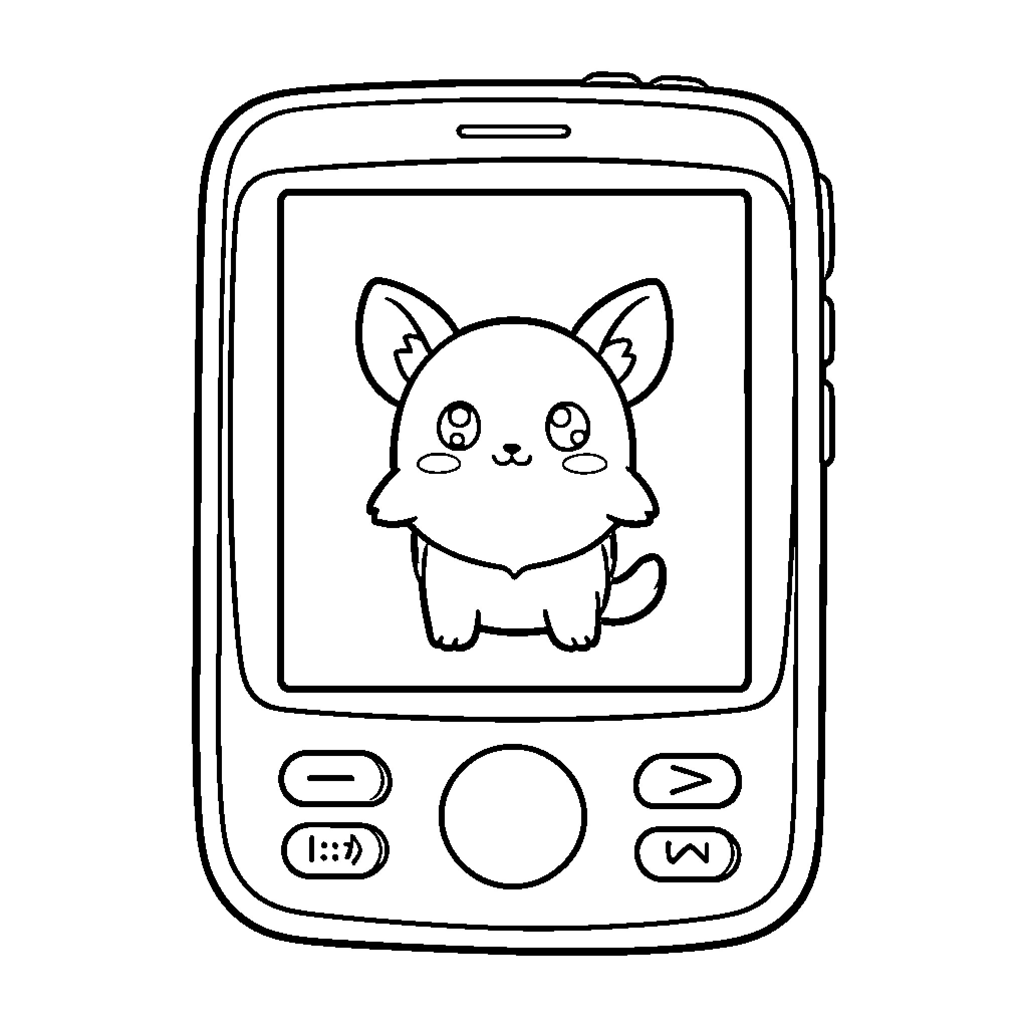 Tamagotchi showing a cute smiling kitten on screen Coloring Page (free black-and-white line drawing printable PDF for all, from beginners to advanced learners, including children, teens, adults, and seniors)