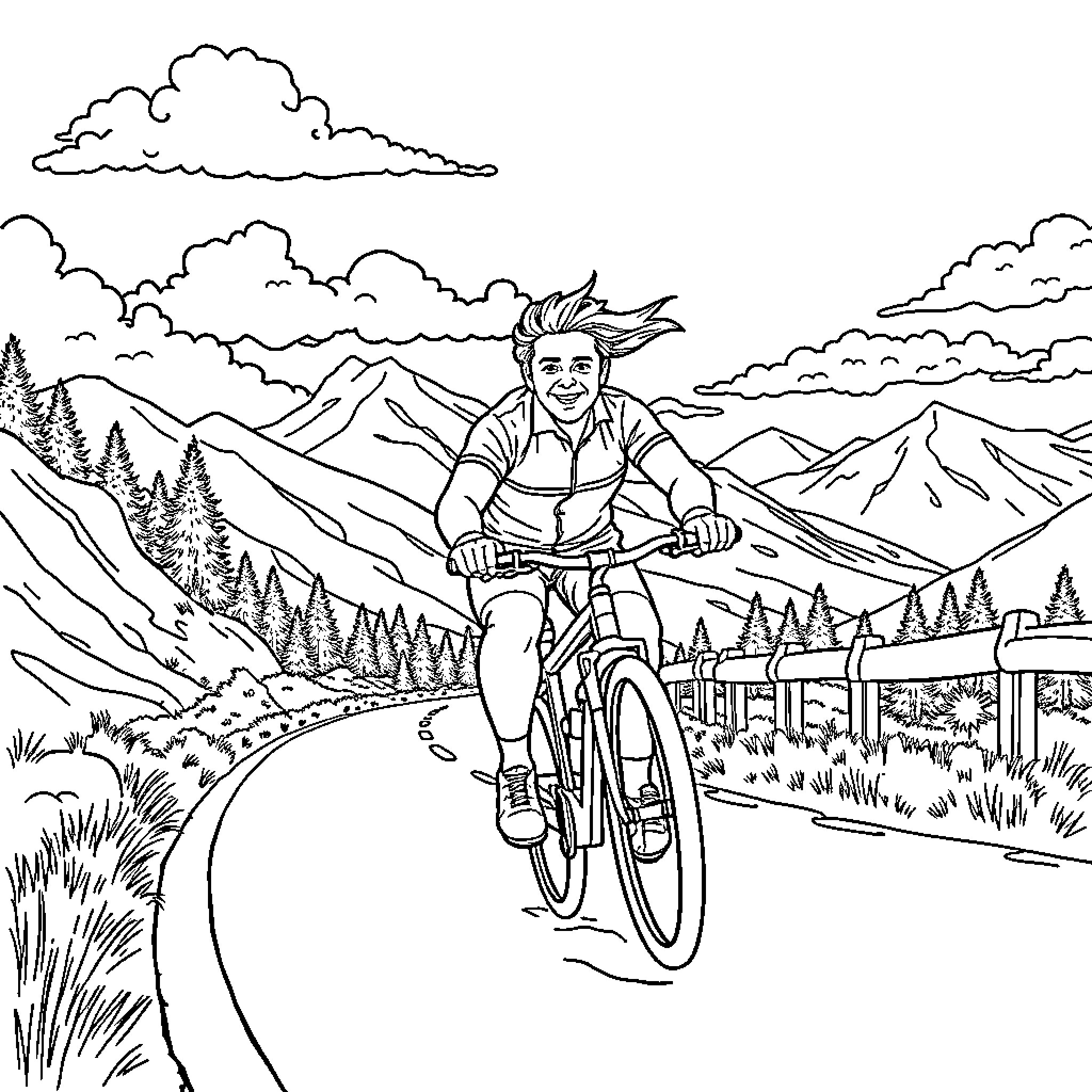 Bicycle ride through scenic mountain landscape Coloring Page (free black-and-white line drawing printable PDF for all, from beginners to advanced learners, including children, teens, adults, and seniors)