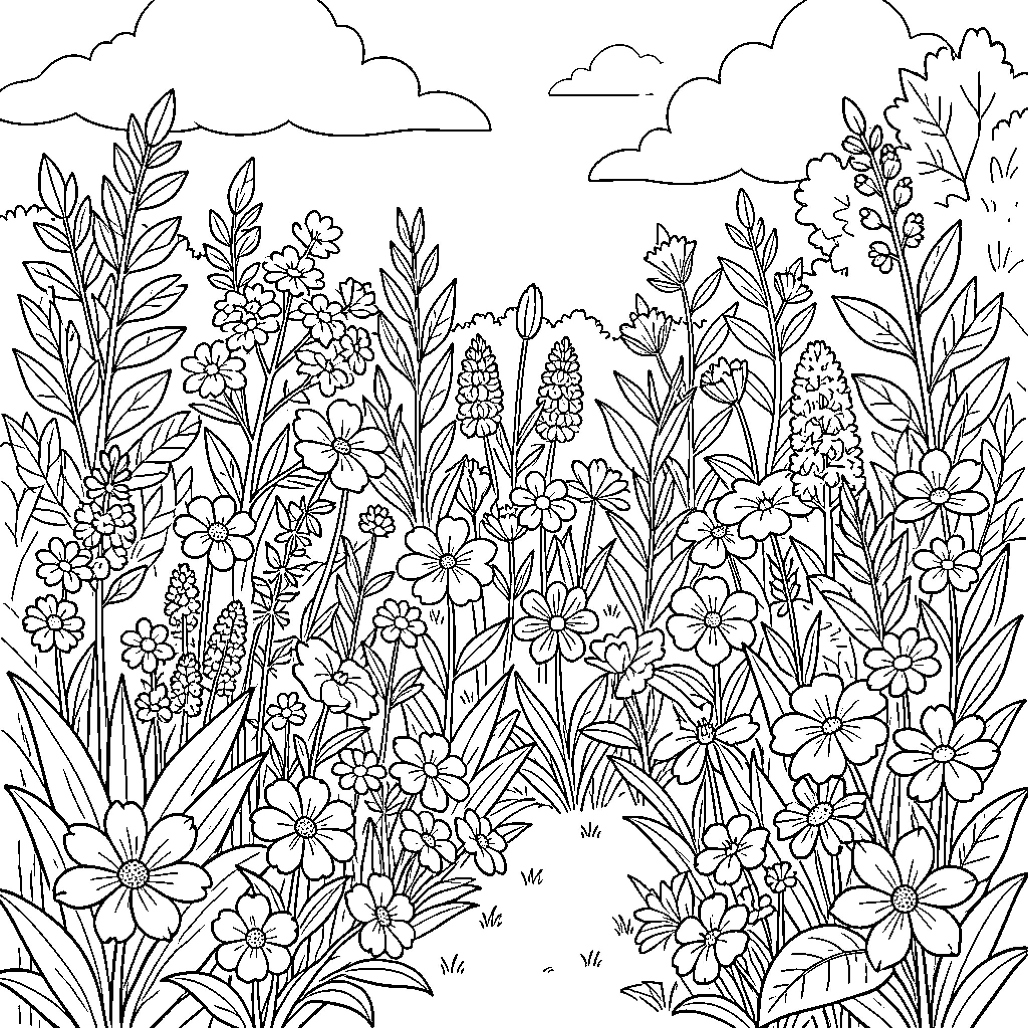 Plant growing densely in a beautiful garden scene Coloring Page (free black-and-white line drawing printable PDF for all, from beginners to advanced learners, including children, teens, adults, and seniors)