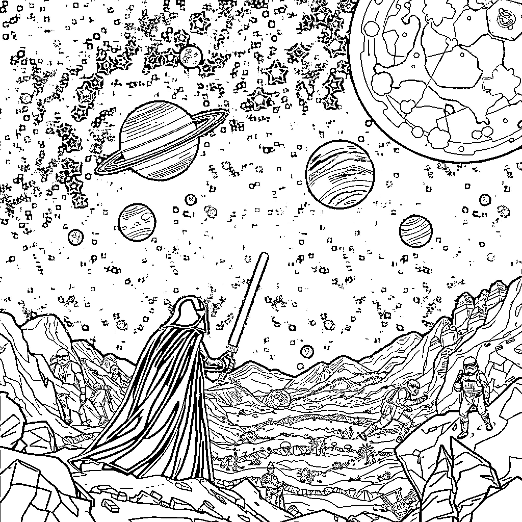 Star Wars: Galactic Exploration and Cosmic Encounters Coloring Page (free black-and-white line drawing printable PDF for all, from beginners to advanced learners, including children, teens, adults, and seniors)