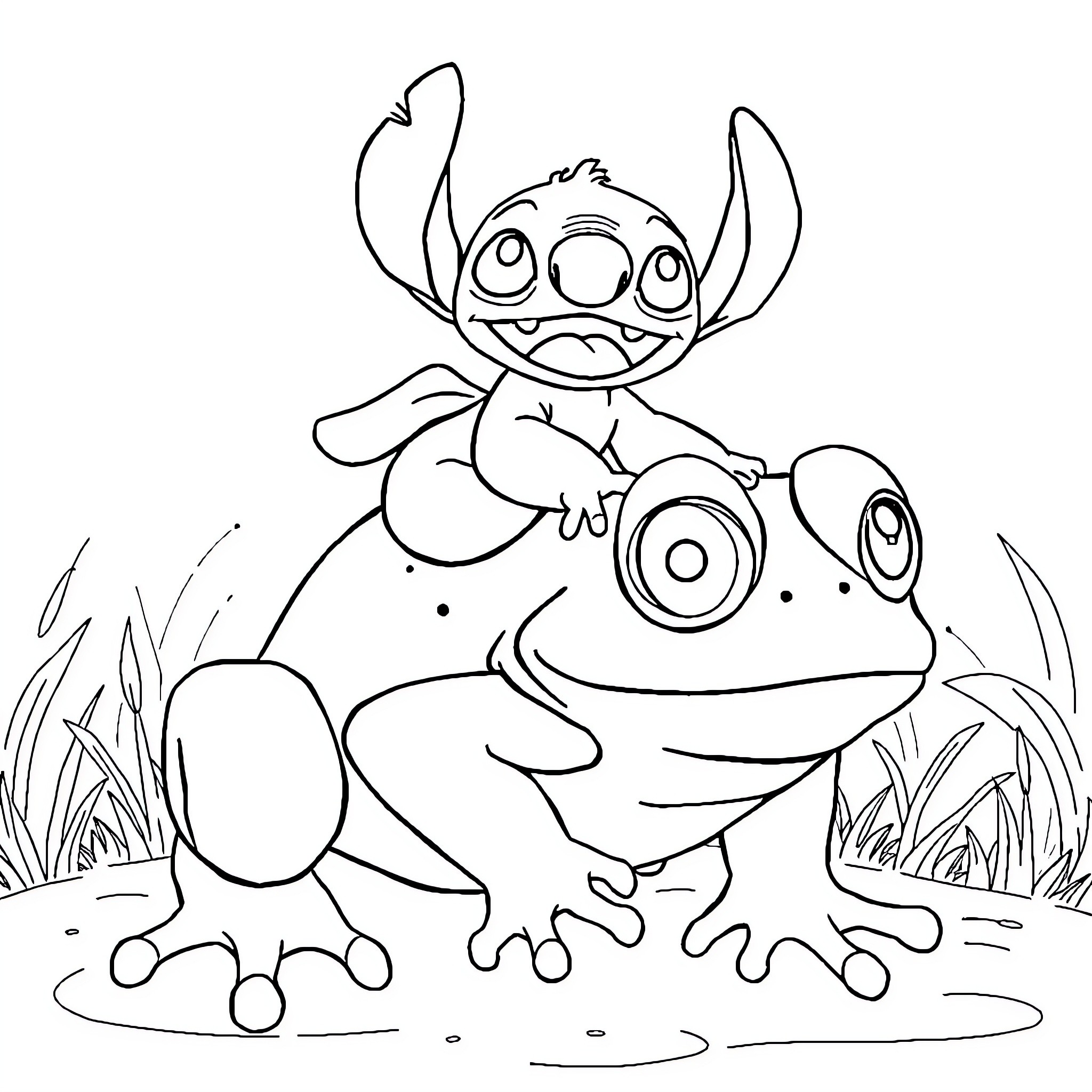 Stitch riding a frog in the meadow Coloring Page (free black-and-white line drawing printable PDF for all, from beginners to advanced learners, including children, teens, adults, and seniors)