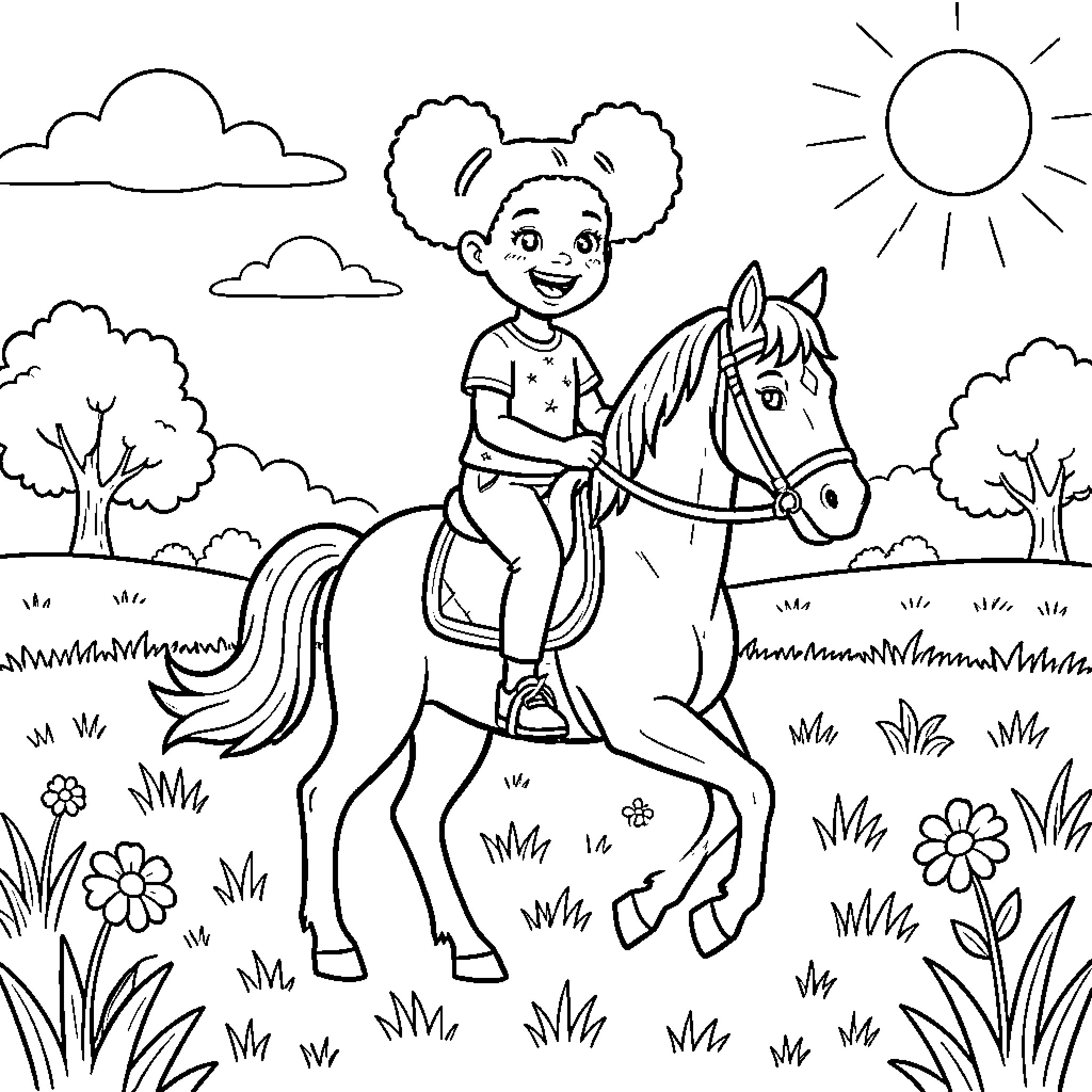 Girl riding horse in nature landscape Coloring Page (free black-and-white line drawing printable PDF for all, from beginners to advanced learners, including children, teens, adults, and seniors)