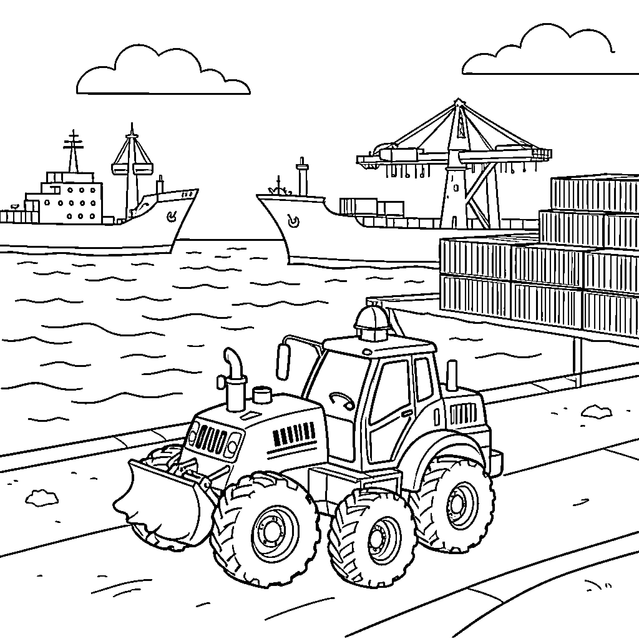 Construction Vehicle moving cargo at busy port Coloring Page (free black-and-white line drawing printable PDF for all, from beginners to advanced learners, including children, teens, adults, and seniors)