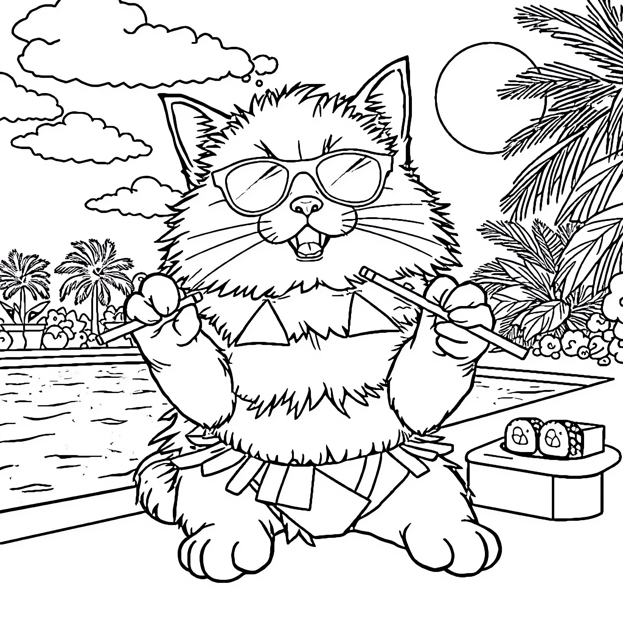 Cat relaxing on the beach in sunglasses Coloring Page (free black-and-white line drawing printable PDF for all, from beginners to advanced learners, including children, teens, adults, and seniors)