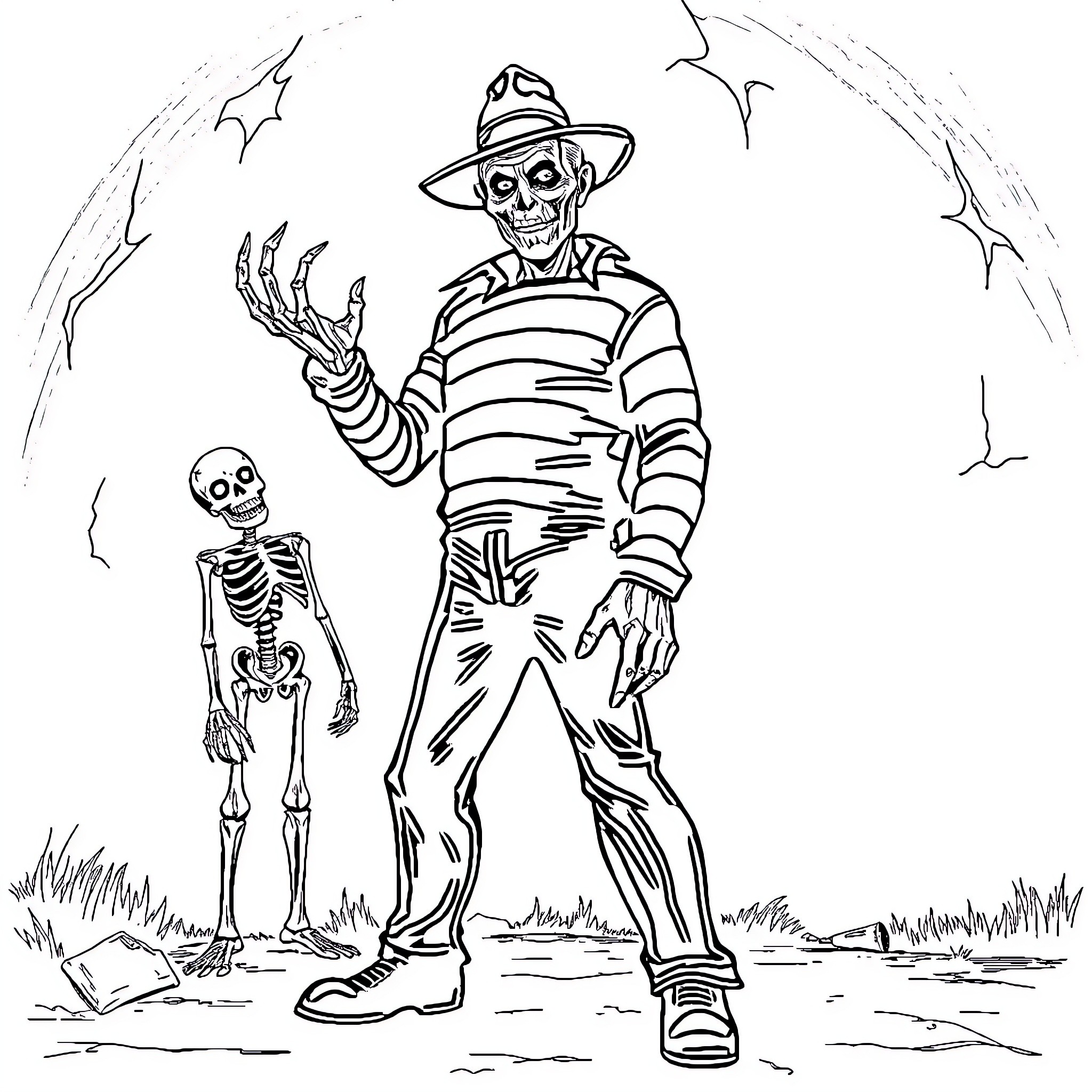 Freddy Krueger with Skeleton in Haunting Scene Coloring Page (free black-and-white line drawing printable PDF for all, from beginners to advanced learners, including children, teens, adults, and seniors)