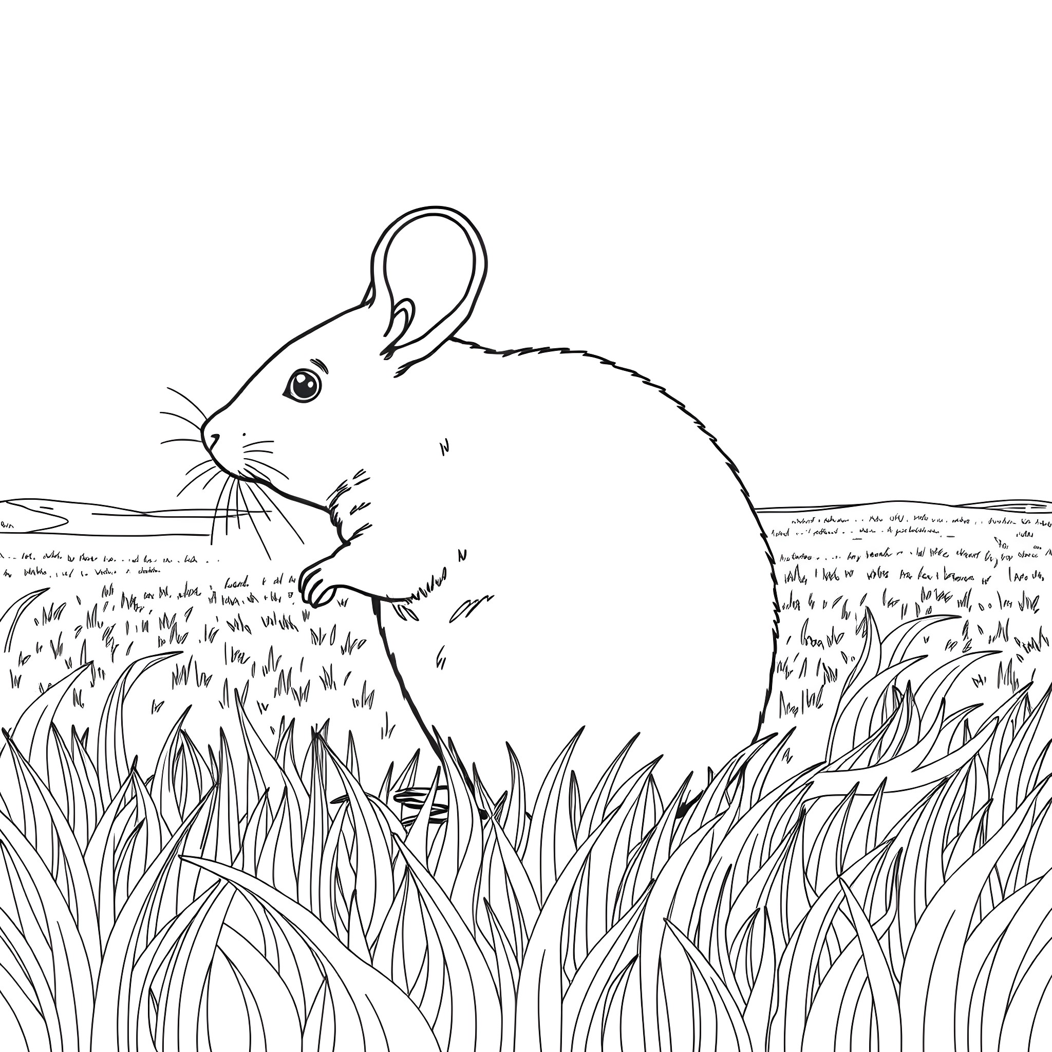 Mouse exploring the grassy field Coloring Page (free black-and-white line drawing printable PDF for all, from beginners to advanced learners, including children, teens, adults, and seniors)