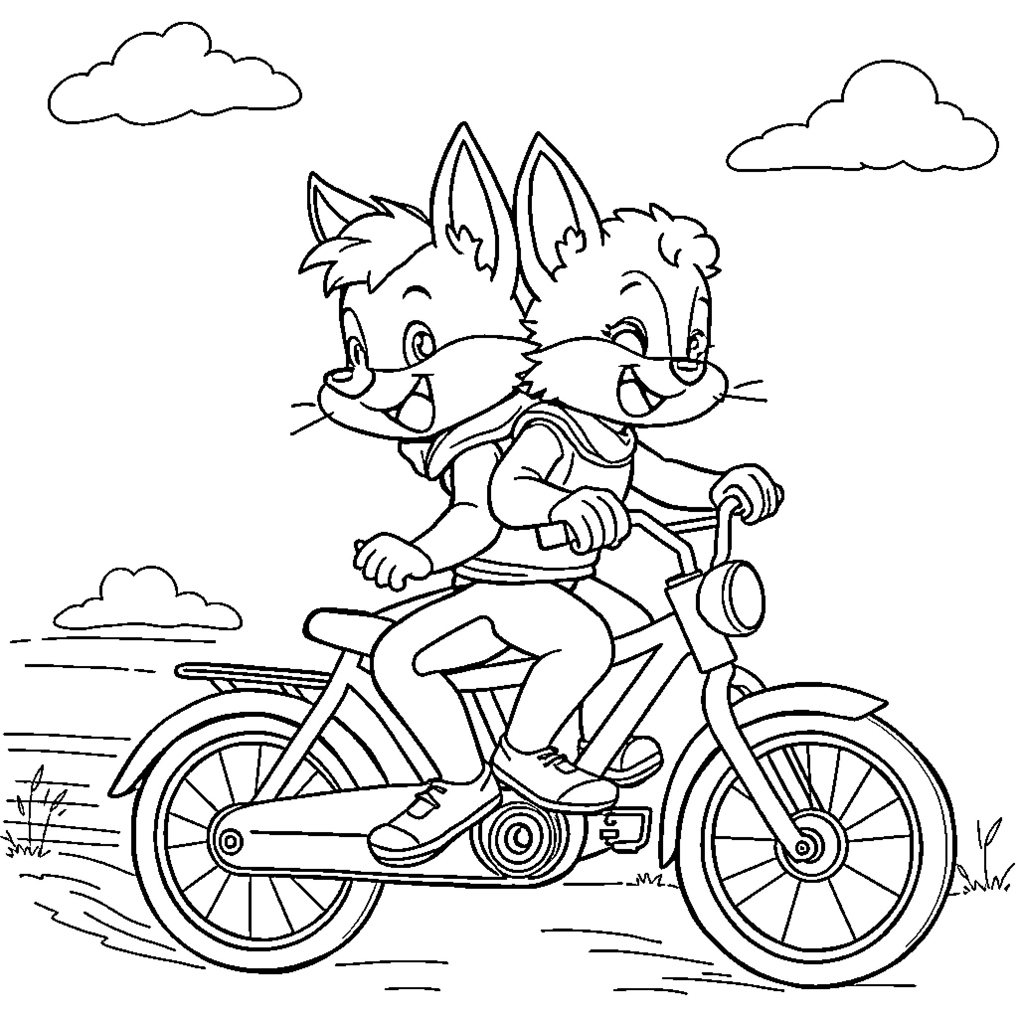 Bluey and sibling riding bicycle together Coloring Page (free black-and-white line drawing printable PDF for all, from beginners to advanced learners, including children, teens, adults, and seniors)