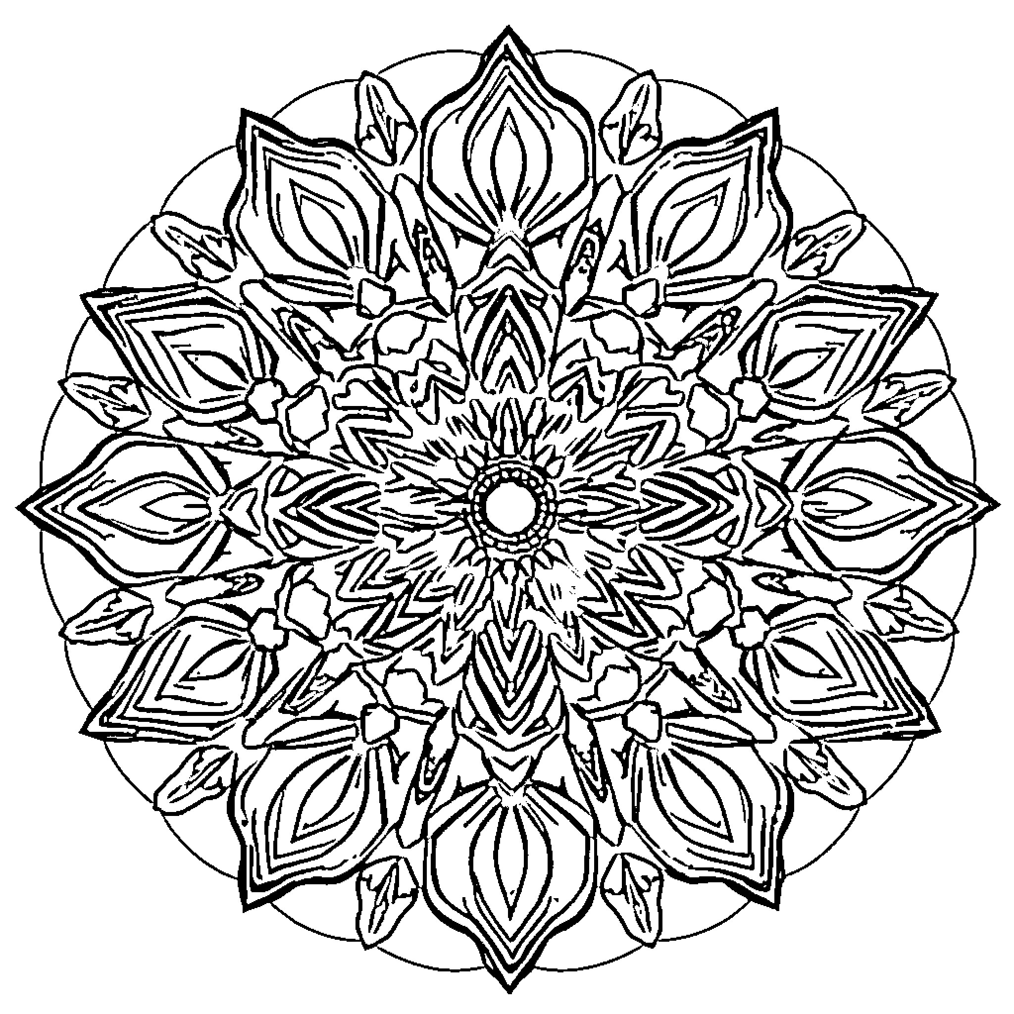 Mandala of intricate floral patterns Coloring Page (free black-and-white line drawing printable PDF for all, from beginners to advanced learners, including children, teens, adults, and seniors)