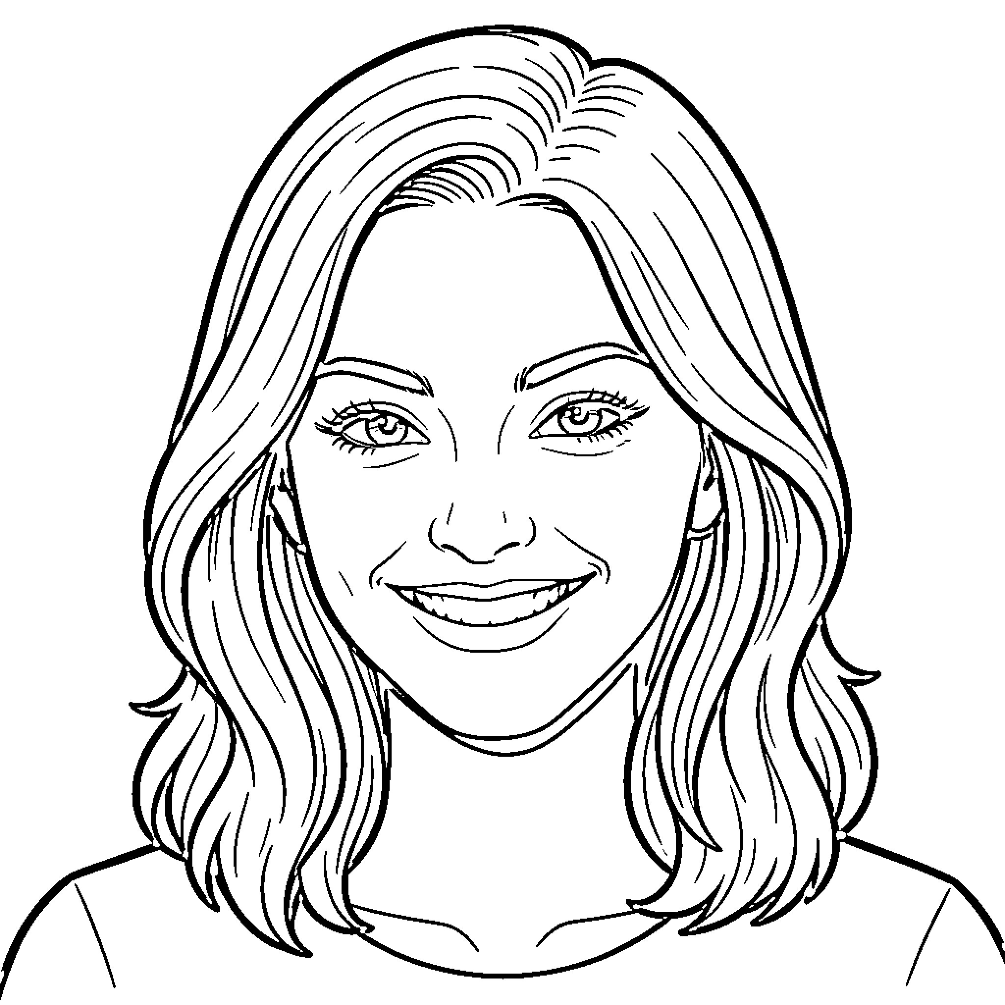 Wednesday Addams smiling with wavy hair Coloring Page (free black-and-white line drawing printable PDF for all, from beginners to advanced learners, including children, teens, adults, and seniors)