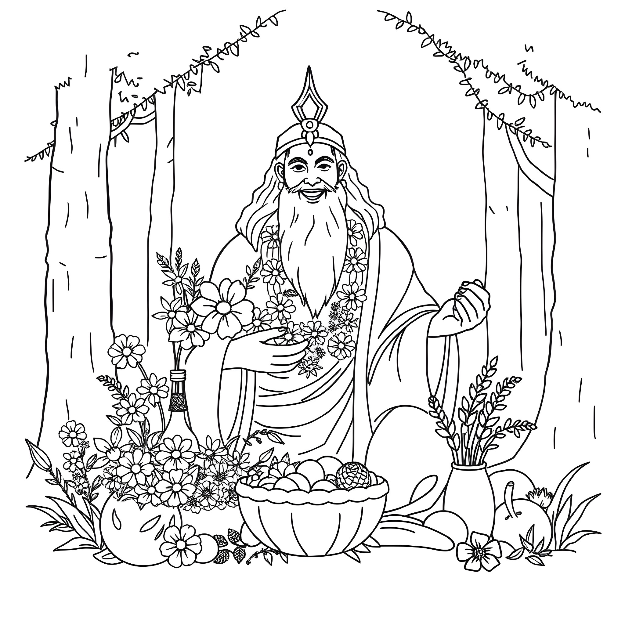 Spirit of Nature's Bounty Coloring Page (free black-and-white line drawing printable PDF for all, from beginners to advanced learners, including children, teens, adults, and seniors)