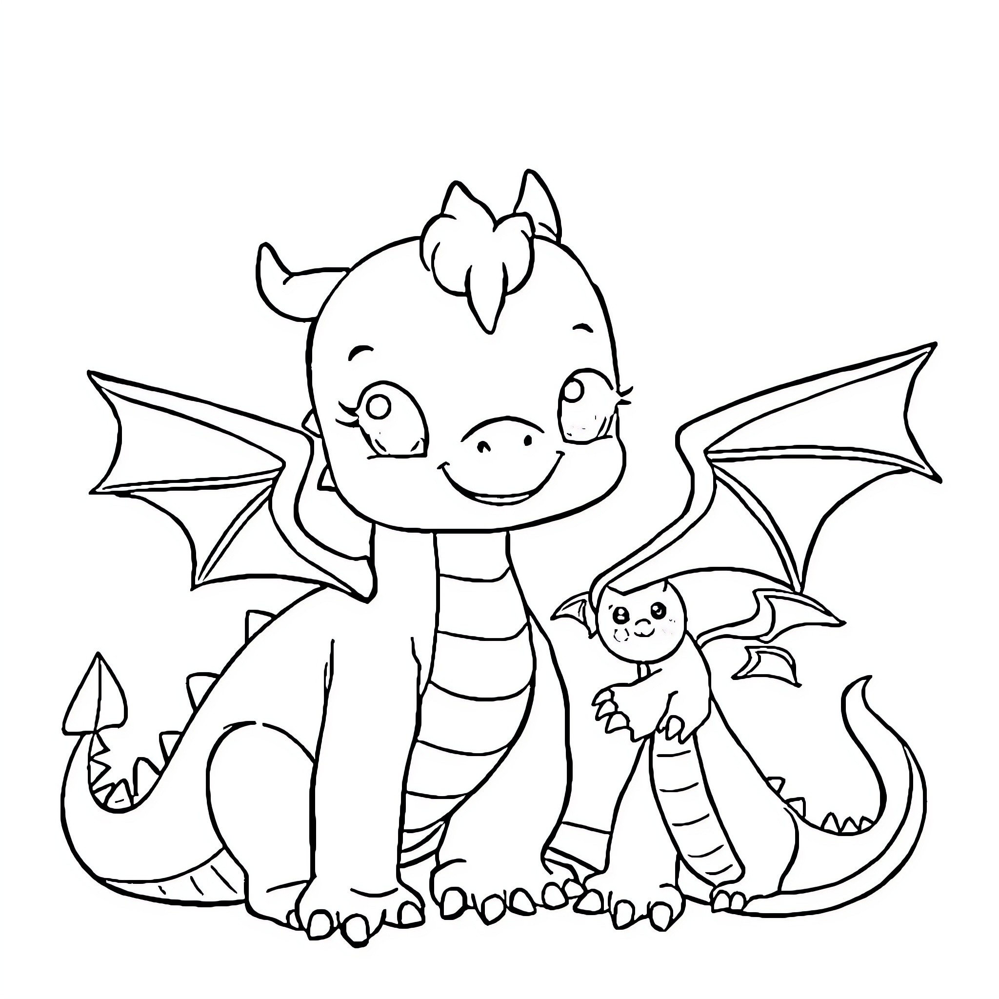 Dragon parents and baby dragon playing Coloring Page (free black-and-white line drawing printable PDF for all, from beginners to advanced learners, including children, teens, adults, and seniors)